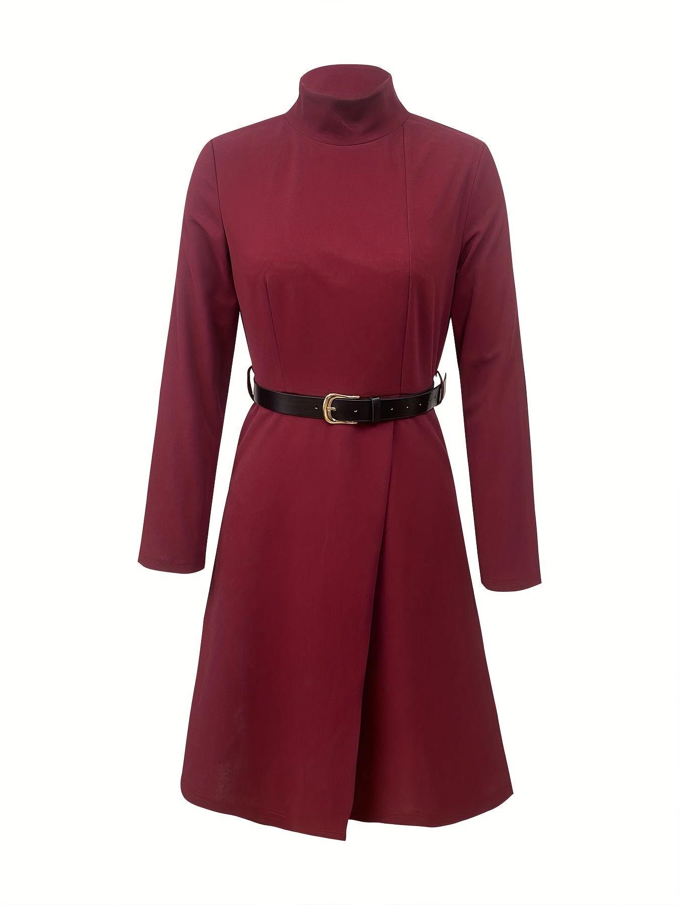 Women'S Elegant Office to Party Dress - Long Sleeve A-Line Formal attire with Belt, Structured Burgundy/Deep Red, for Business, Events, Everyday - Spring/Fall Women'S Clothing, Business Casual, Sophisticated Design, Polished Finish, Versatile Outfit, Prof