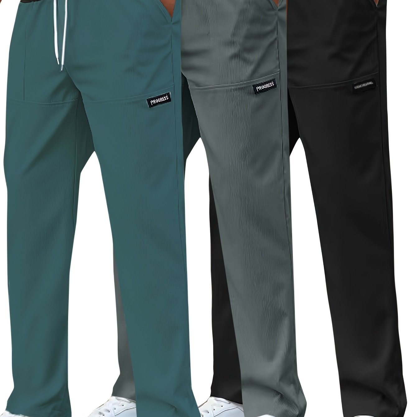Set di 3 Pantaloni Casual da Uomo Leggeri - Gamba Dritta, Vita con Coulisse, Colore Unito (Nero, Grigio, Bianco), Abbigliamento da Lavoro Primavera/Estate, Lavabili in Lavatrice