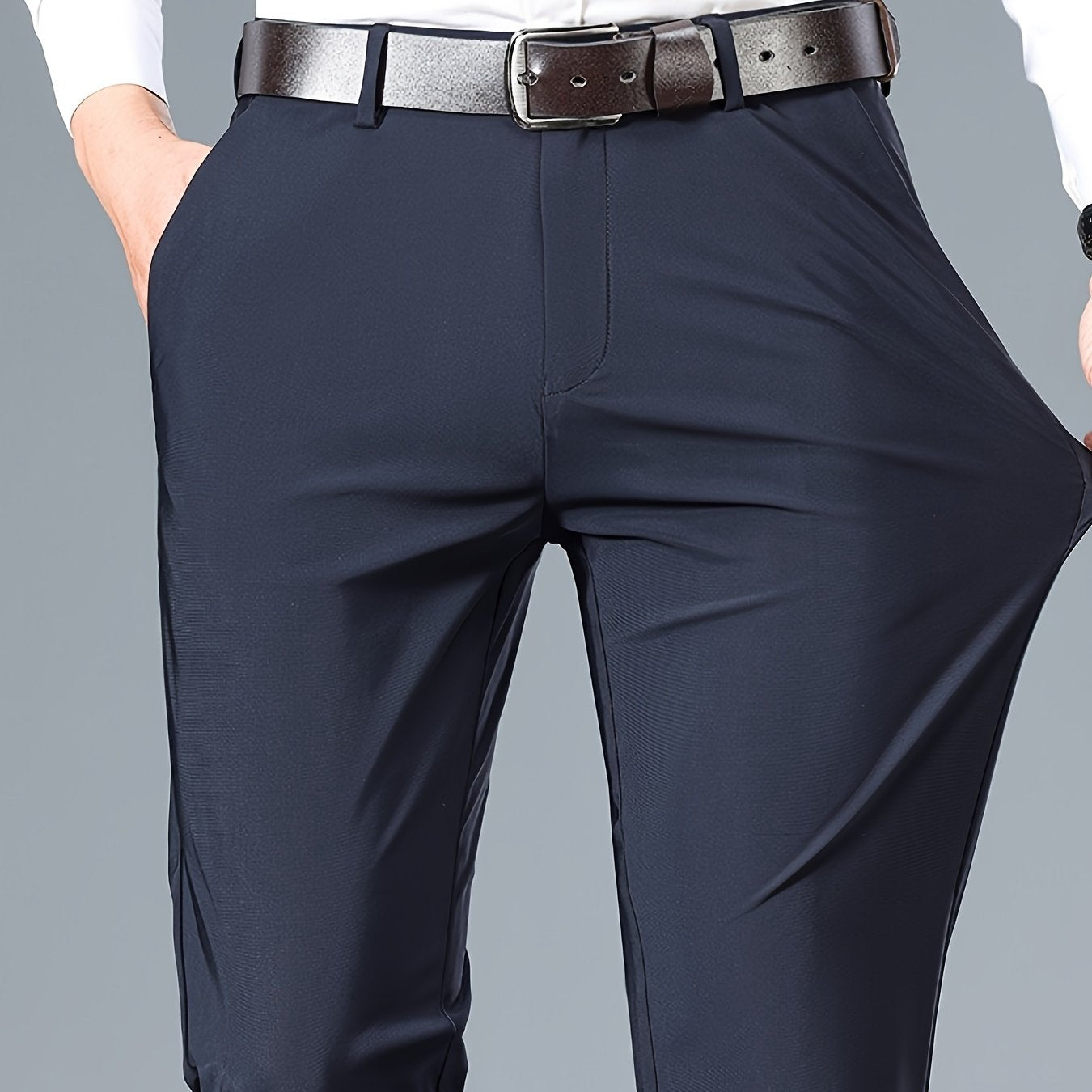 2025 Nuovi Pantaloni da Uomo in Tessuto Fibra Slicky Ice ad Alta Elasticità - tocco liscio, traspirante e elasticizzato, vestibilità regolare a vita media con dettagli di bottoni per ufficio e casual, comfort per tutte le stagioni, abbigliamento da uffici