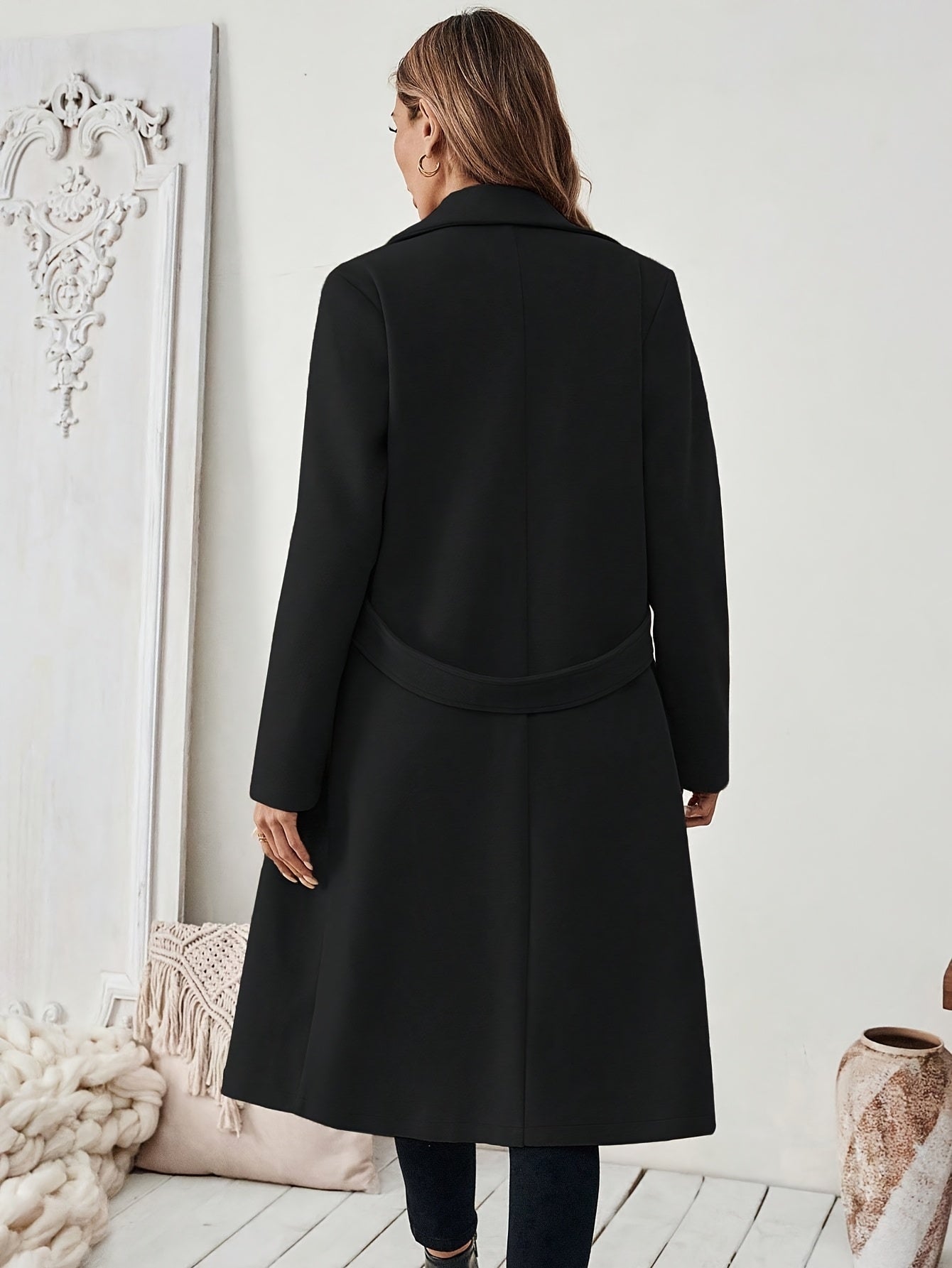Women's Elegant Long Black Tweed Coat with Adjustable Belt - H-Silhouette Asymmetrical Hem, Machine Washable Winter Trench Coat for Fall & Winter, Office to Evening Versatile Outerwear, Notch Lapel Design