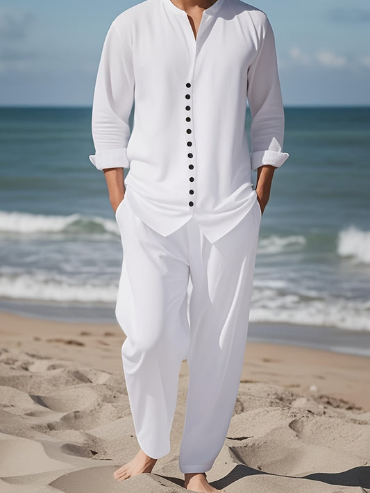 Set di moda da uomo con stampa, stampa testurizzata bianca pura casual, perfetto per feste, riunioni casual e abbigliamento quotidiano, completo casual con collo alto per tutte le stagioni.