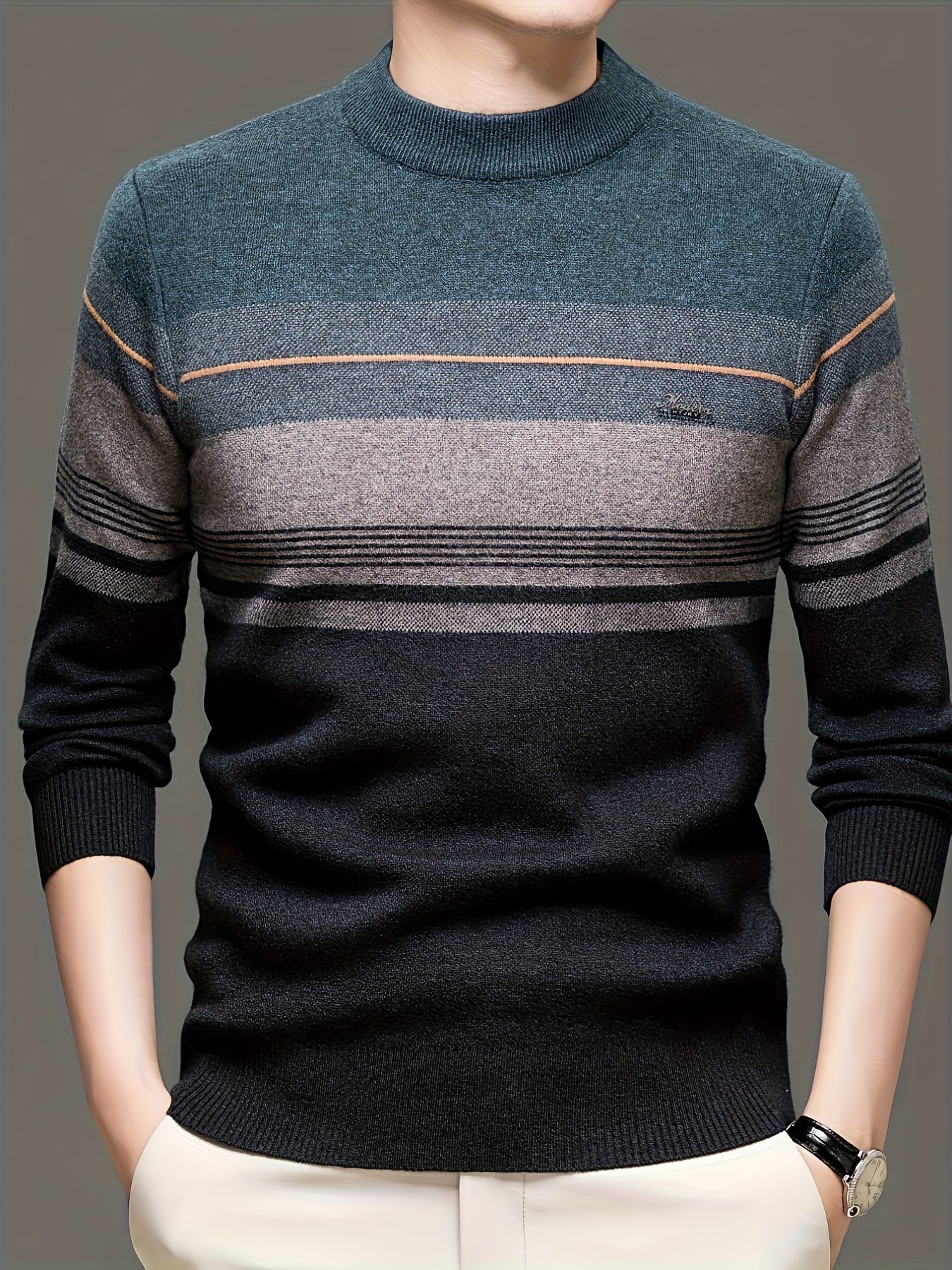 Maglione a maniche lunghe da uomo in maglia - Morbido pullover elasticizzato con strisce marroni/orizzontali, maglione invernale a girocollo per outfit di tutti i giorni e formali, regalo ideale per la festa del papà, marito, fidanzato - Abbigliamento aut