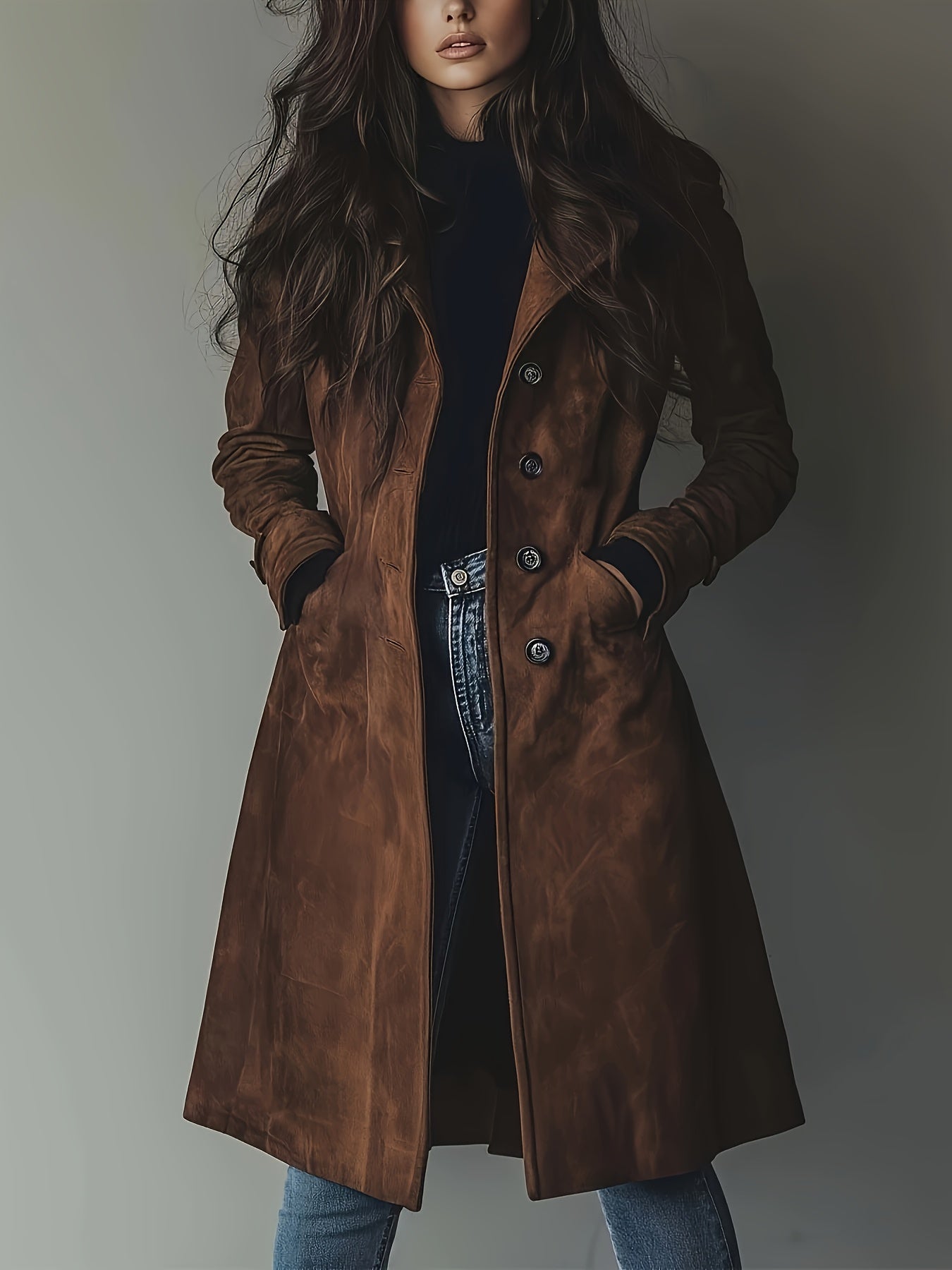 Women's Elegant Vintage Brown -Effect Coat - Classic Lapel Collar & Single-Button Closure, H-Line Silhouette, Machine Washable Winter Jacket for Office, Formal & Casual Attire - Durable All-Season Outerwear with Retro Style & Structured Fit - Timeless Wom