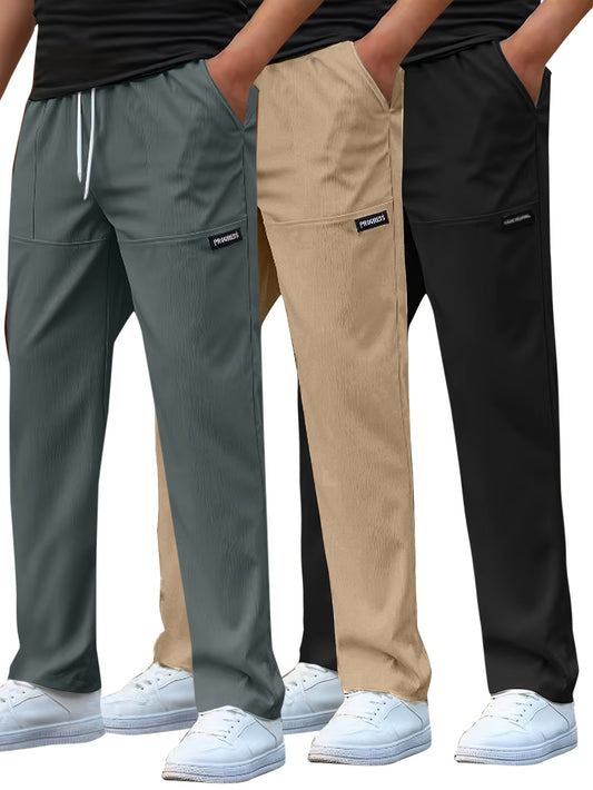 Set di 3 Pantaloni Casual da Uomo Leggeri - Gamba Dritta, Vita con Coulisse, Colore Unito (Nero, Grigio, Bianco), Abbigliamento da Lavoro Primavera/Estate, Lavabili in Lavatrice