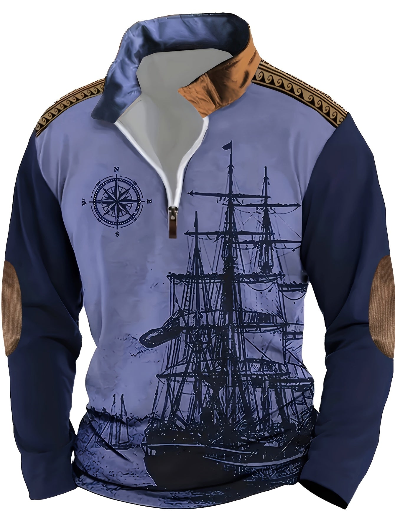 Maglietta polo a maniche lunghe con stampa di vela vintage per uomo, casual in poliestere 100% con maglia, vestibilità regolare con colletto a revers e zip, leggermente elasticizzata, 180 g/m² - Collezione autunnale