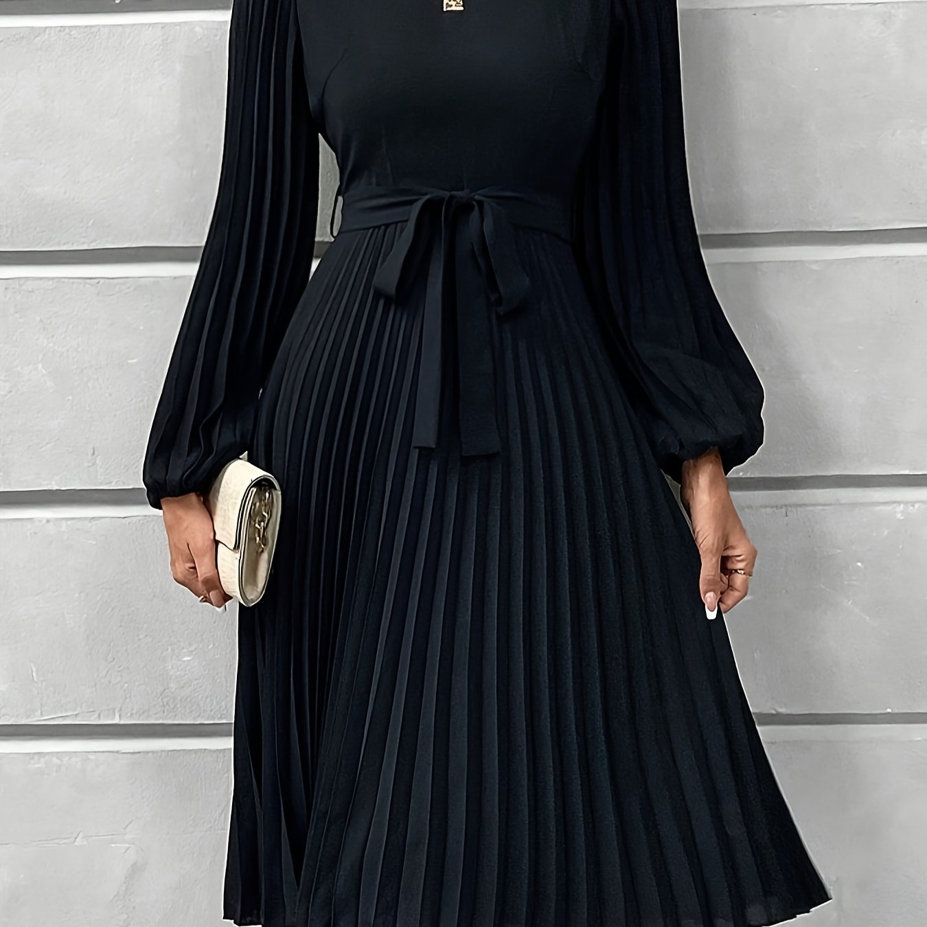 Women'S Elegant Formal & Everyday dress - Long Lantern Sleeves, Adjustable Waist Tie Belt, Flattering A-Line Silhouette, Knee-Length Party Wedding Office Outfit in - Easy-Care Women'S Clothing, Versatile Wardrobe Staple, Sophisticated Pleated Skirt, Durab