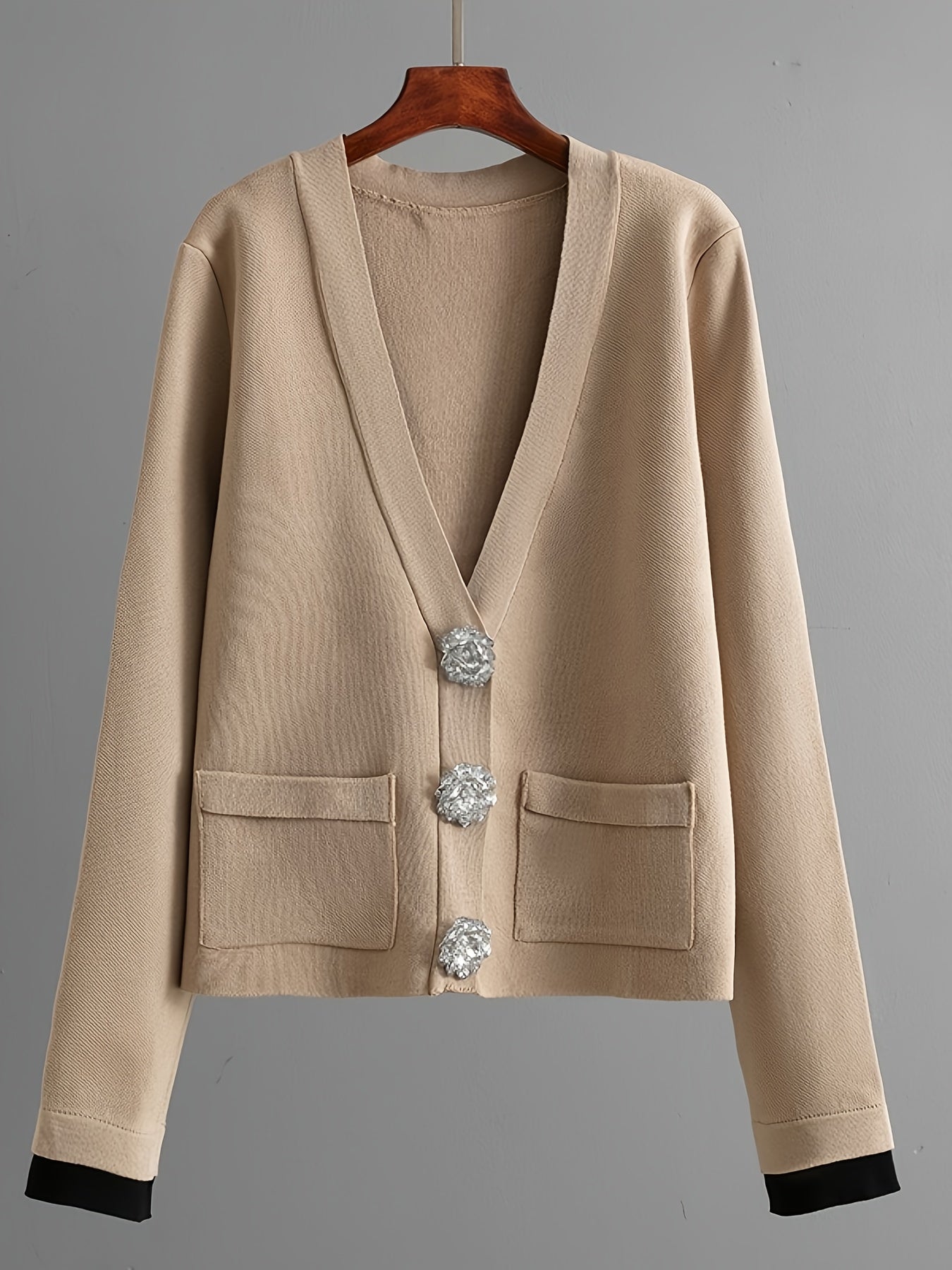 Pullover con bottoni a diamante d'argento - Cardigan a maniche lunghe - Pantaloni a gamba larga - Set di due pezzi - Set elegante per donne - Top con bottoni nascosti, pullover a maniche lunghe, top invernali morbidi e caldi per donne - Moda sottile - Abi