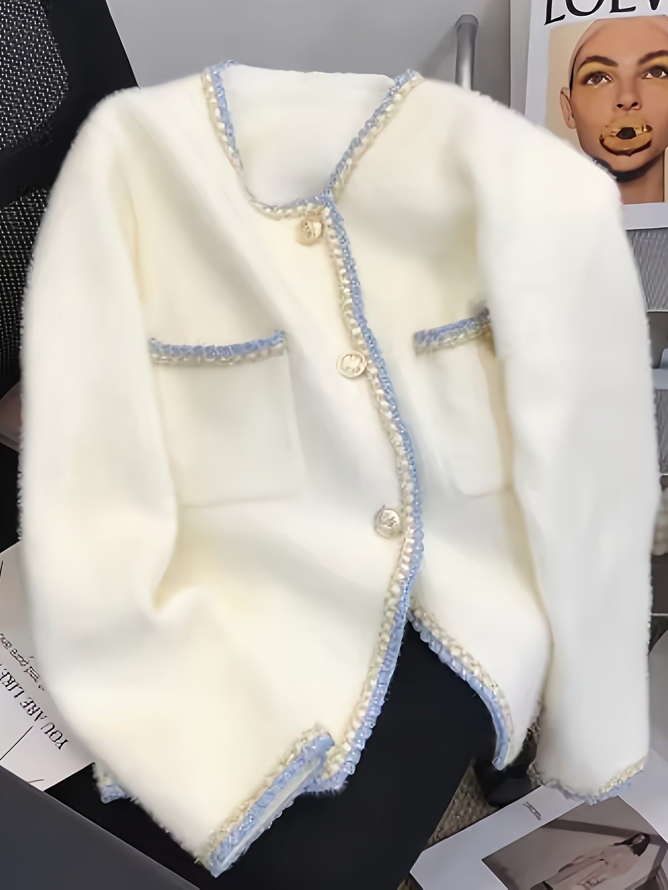 Taglia Plus - Cardigan elegante ispirato alla Francia con velluto di visone finto, maniche lunghe e bottoni sul davanti - Colletto casual ma chic, tessuto a media elasticità, perfetto per l'autunno/inverno, Cardigan taglia Plus