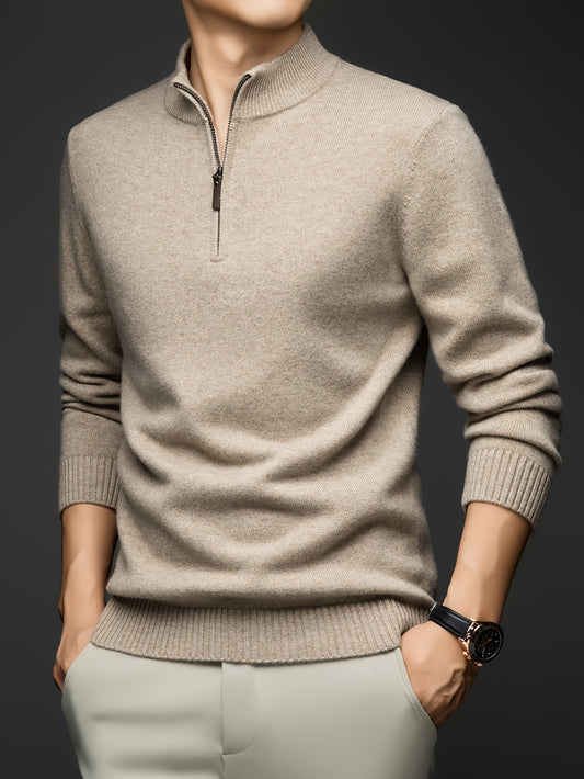 Maglione Uomo KAISER in Lana Pesante 100% - Colore Beige Marrone, Mezza Zip con Scollo a Stelo e Maniche Longhe. Design Elegante Minimalista per Abbigliamento Business Casual & Formale; Caldo Invernatoio Versatile da Stratificare Comodo Ogni Giorno Con Te