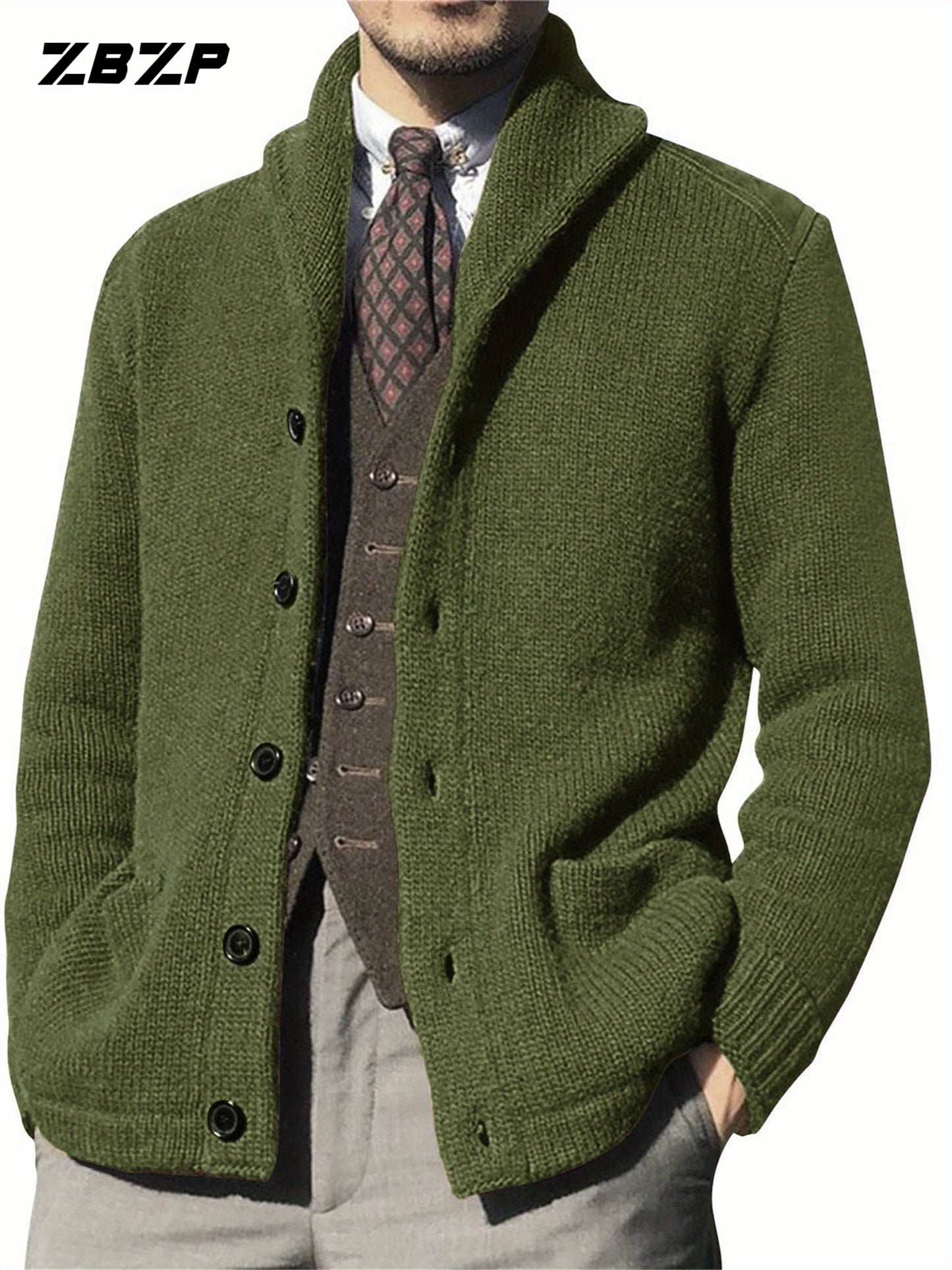 Maglione Uomo ZBZP Marrone con Bottoni - Cappotto in Maglia Pesante con Collo Alto, Modello A339 per Occasioni Formali e Casual Invernali, Comodo da Indossare Ogni Giorno, Taglio Classico Largo e Tessuto Resistente