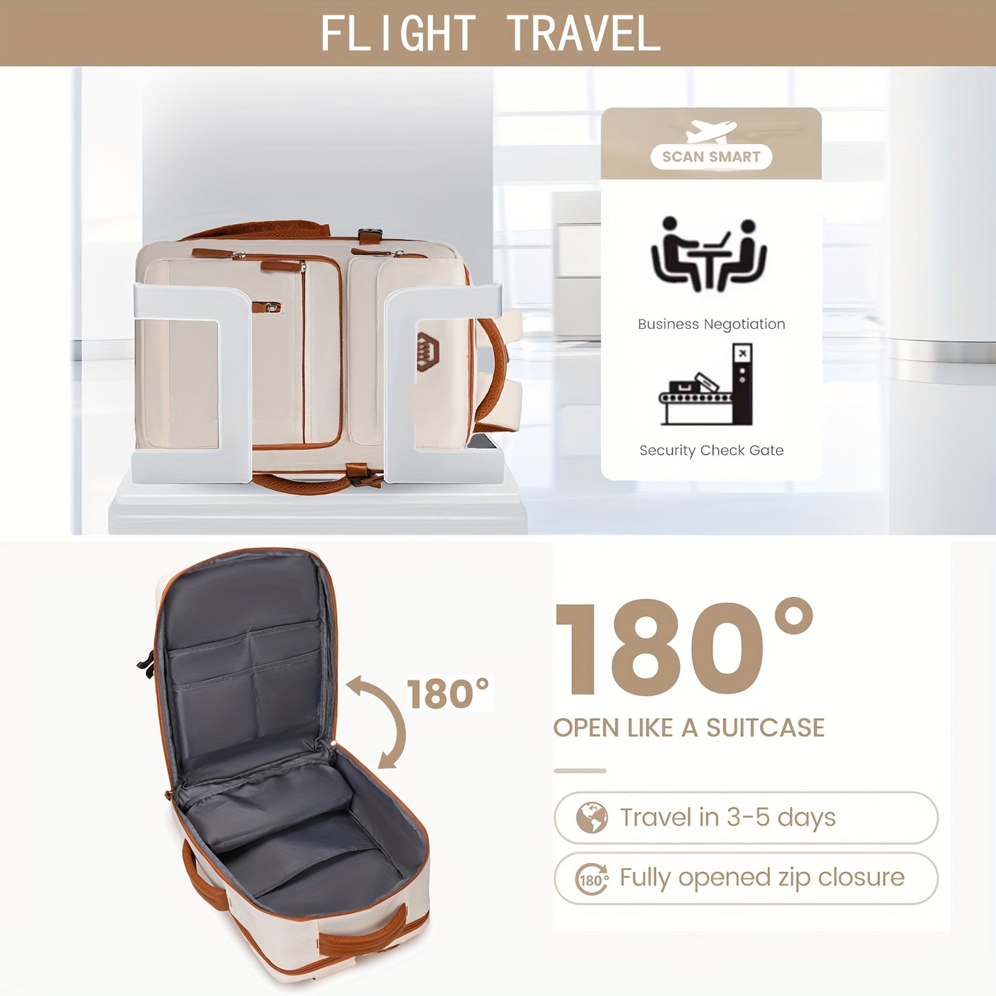 ZAINO DA VIAGGIO PER LAPTOP APPROVATO DALL'AEROPORTO da 39.62 cm con Scomparto per Scarpe e Cinghia per Bagaglio - Zaino Resistente per Affari ed Escursionismo in Beige e Marrone, Scomparti Multipli, Spallacci Regolabili, Solo Lavaggio a Mano, Design Eleg