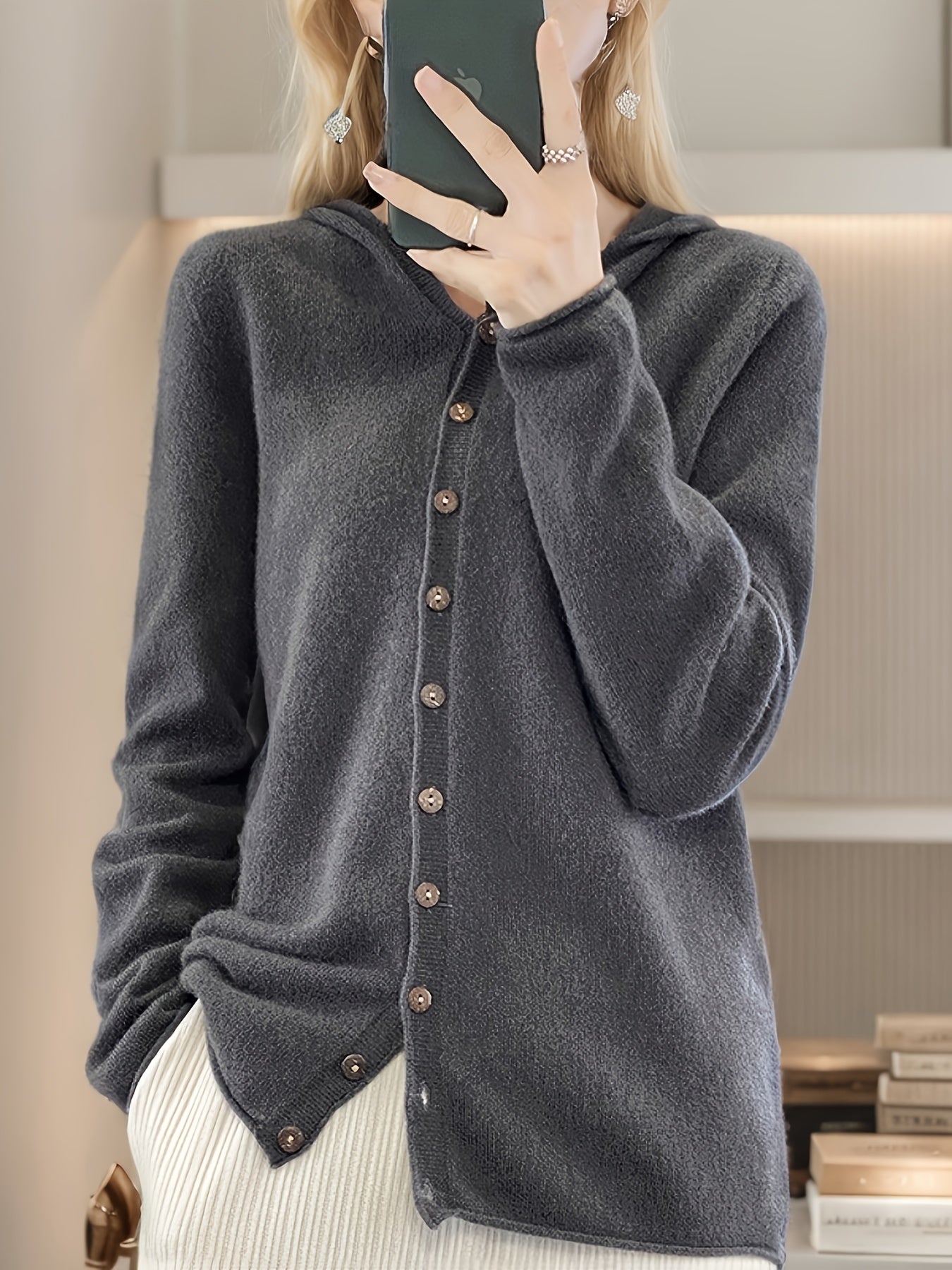 Maglione con cappuccio casual da donna in 100% lana, cardigan lavorato a maglia in lana merino tinta unita, manica lunga, vestibilità regolare, design aperto sul davanti, scelta elegante e calda per l'autunno/inverno, ultra morbido