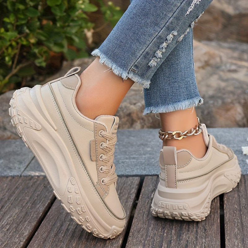 Sneakers da donna alla moda con piattaforma chunky, basse, con lacci, casual, con suola in gomma e sottopiede in microfibra, calzature da passeggio a tinta unita per tutte le stagioni