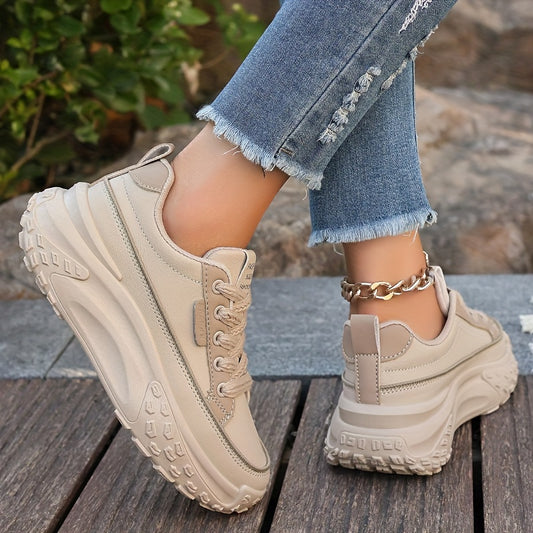 Sneakers da donna alla moda con piattaforma chunky, basse, con lacci, casual, con suola in gomma e sottopiede in microfibra, calzature da passeggio a tinta unita per tutte le stagioni