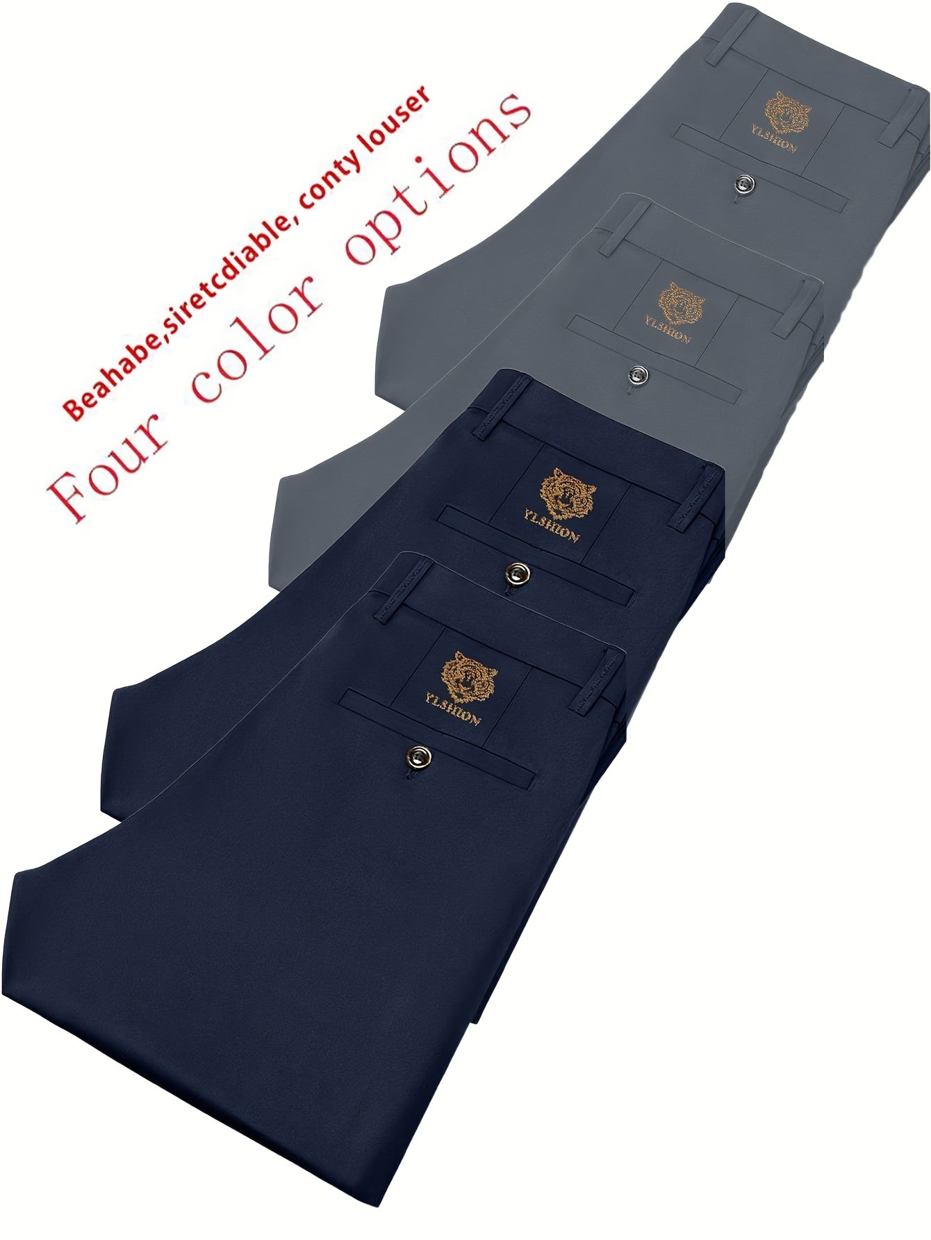 4pcs Pantaloni Eleganti Casual da Uomo a Gamba Dritta - Tessuto Elasticizzato Poliestere/Elastan, Tasche con Stampa Animalier, Comfort per Tutte le Stagioni, Solo Lavaggio a Mano (Beige/Navy/Grigio Carbone/Rosso)