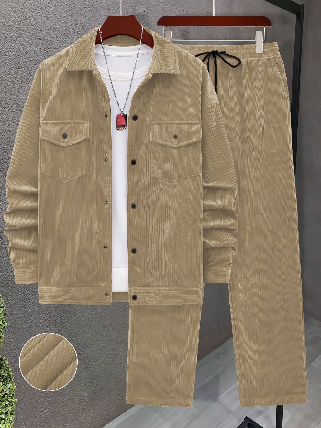 Set autunnale e invernale da uomo 2 pezzi con tessuto a coste intrecciate, tasche a doppia lavorazione, giacca a maniche lunghe e pantaloni larghi con coulisse, abito maturo per uscite casuali/ufficio/appuntamenti, 100% poliestere, lavabile a mano e in la