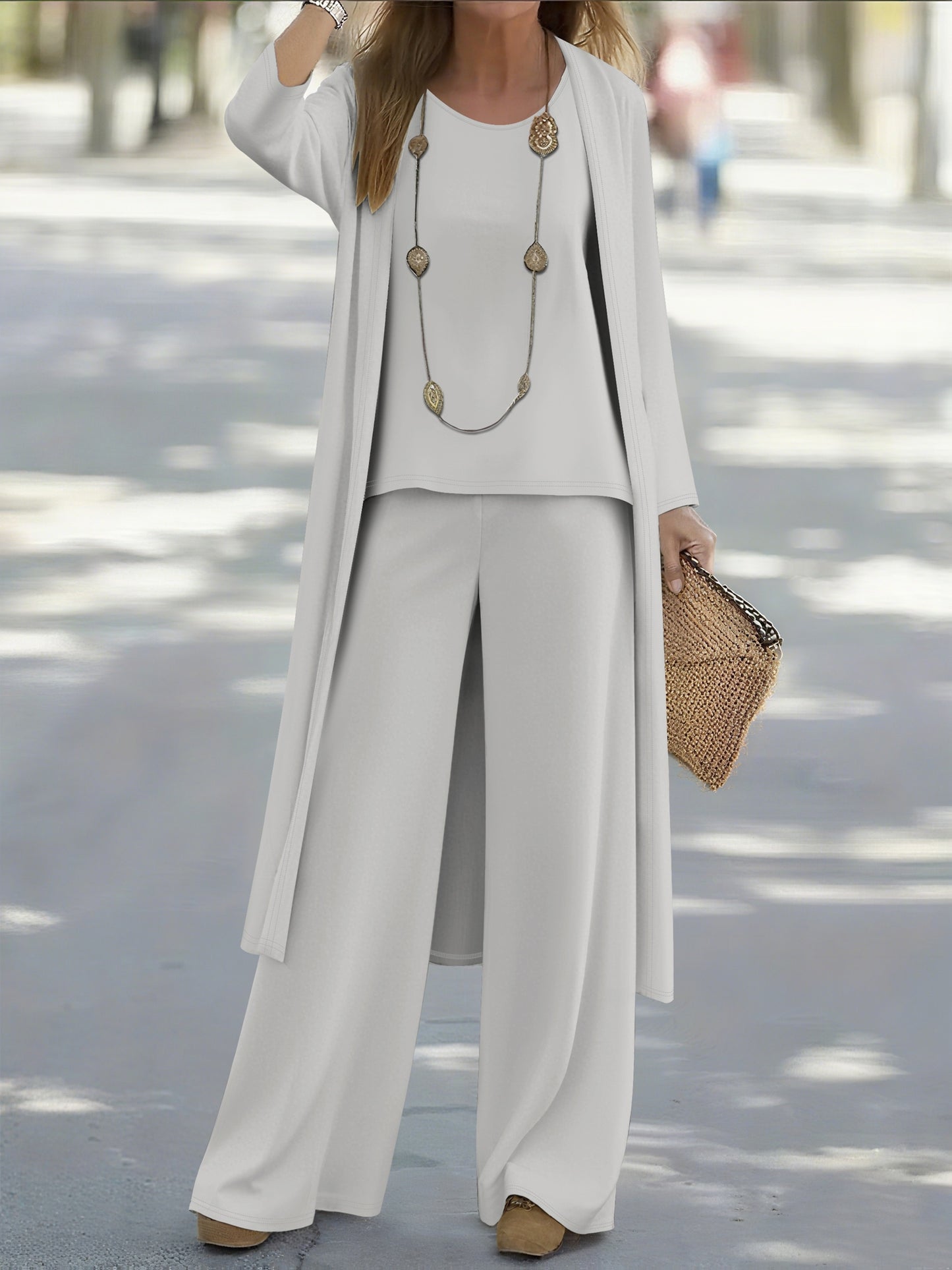 Women'S Casual Solid Color Cardigan Jacket and Vest Pants Three-Piece Set - Long Sleeve, Open Front, All-Season Comfort, Casual Attire|Casual Style|Open Front Jacket