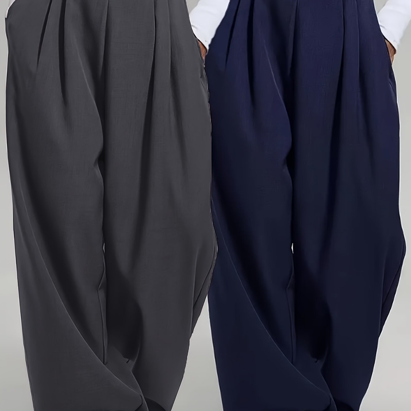 2 pezzi Pantaloni da donna eleganti a gamba larga tinta unita - Pantaloni ampi per tutte le stagioni con tasche, tinta unita e blu navy, abbigliamento casual e formale per tutte le stagioni