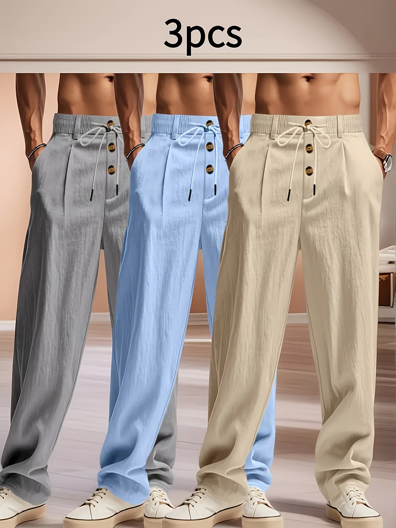 3pcs Pantaloni Casual in Lino Leggeri da Uomo - Vestibilità Rilassata Traspirante con Vita Elastica e Chiusura a Bottone, Tessuto Non Elasticizzato per Abbigliamento da Spiaggia Esterno, Comfort Tutte le Stagioni (Beige/Verde/Azzurro), Pantaloni da Spiagg