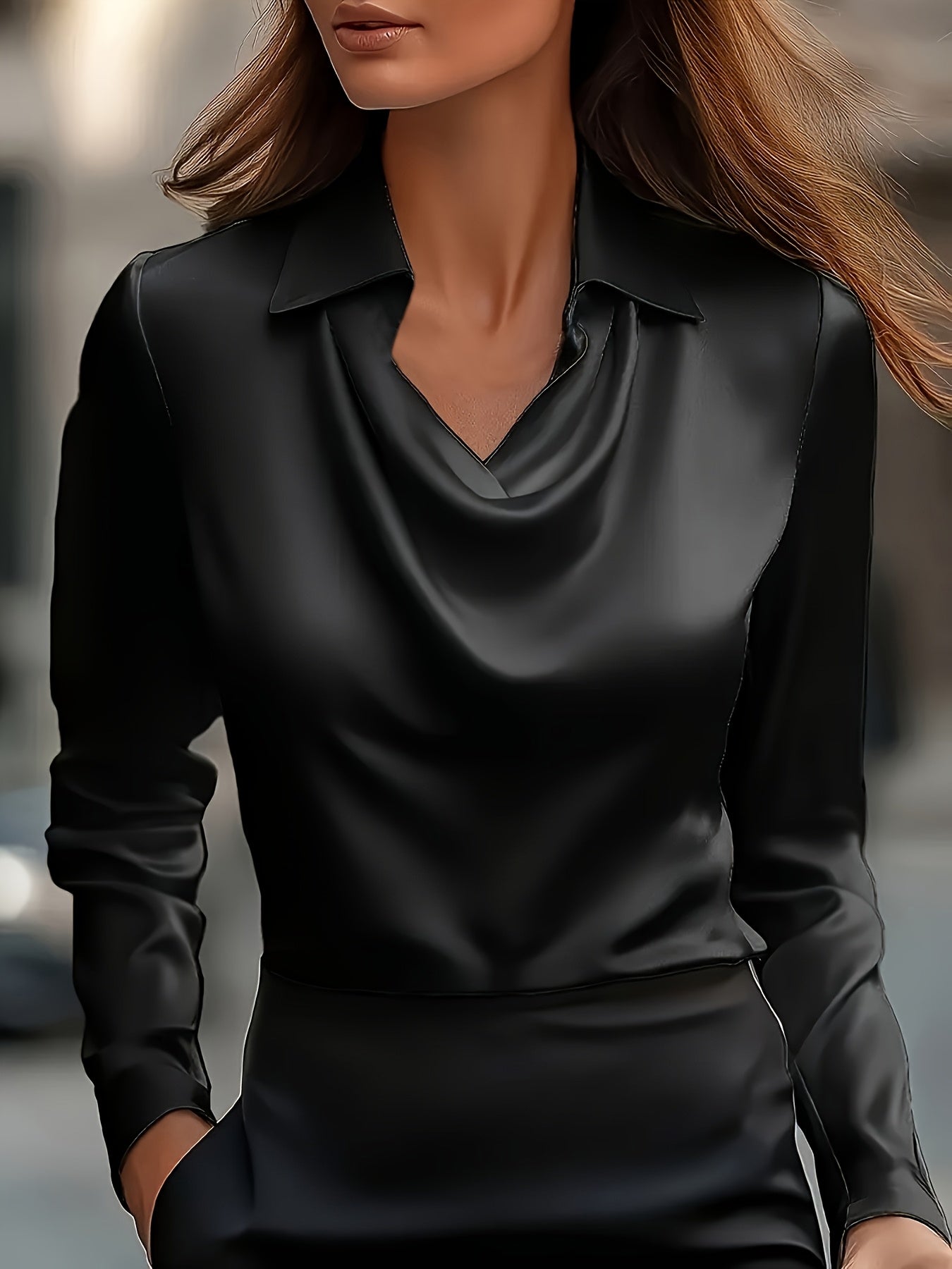 Women'S Elegant Satin Blouse with Pleated V-Neck & Long Sleeves - Chic Black Shirt for All Seasons, Versatile Fashion Top for Casual or Formal Occasions, Formal Attire, Sophisticated Style, Smooth Texture