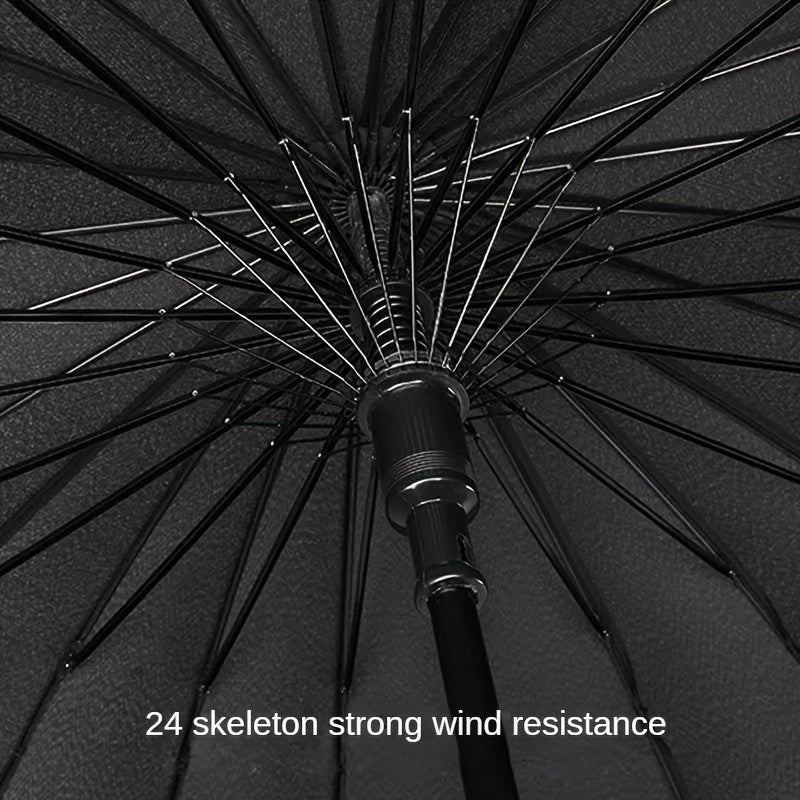 Ombrello a vento a 24 rib con manico lungo - Ombrello da golf e viaggio automatico, design nero resistente per uomini e donne, ideale per escursioni, golf e avventure all'aperto, attrezzatura da escursionismo, elegante close-up, apertura semiautomatica