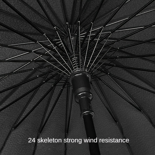 Ombrello a vento a 24 rib con manico lungo - Ombrello da golf e viaggio automatico, design nero resistente per uomini e donne, ideale per escursioni, golf e avventure all'aperto, attrezzatura da escursionismo, elegante close-up, apertura semiautomatica