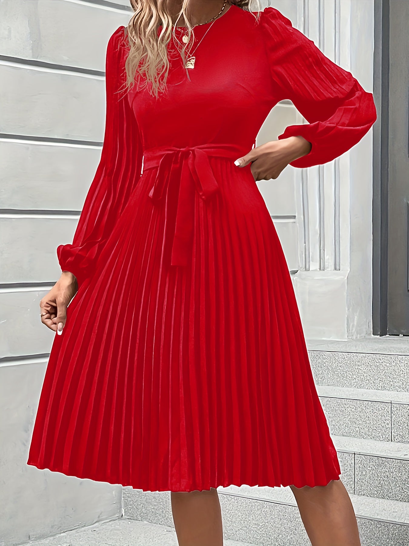 Women'S Elegant Formal & Everyday dress - Long Lantern Sleeves, Adjustable Waist Tie Belt, Flattering A-Line Silhouette, Knee-Length Party Wedding Office Outfit in - Easy-Care Women'S Clothing, Versatile Wardrobe Staple, Sophisticated Pleated Skirt, Durab