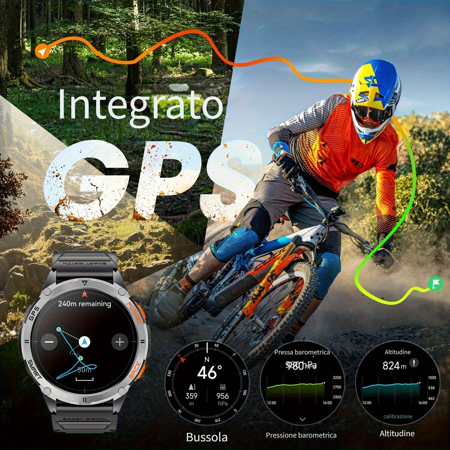 Smart Watch con posizionamento GPS reale, grande capacità di batteria, schermo touch HD AMOLED da 1,43 pollici, chiamata wireless, modalità sportiva, torcia LED, smart watch da esterno