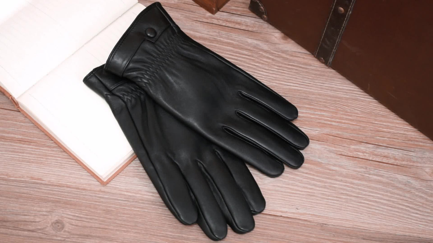 Linea Uomo+ Elegance - Guanti in pelle reale BISON DENIM per uomo, guanti casual da esterno con fodera in pile, caldi e antivento per escursioni