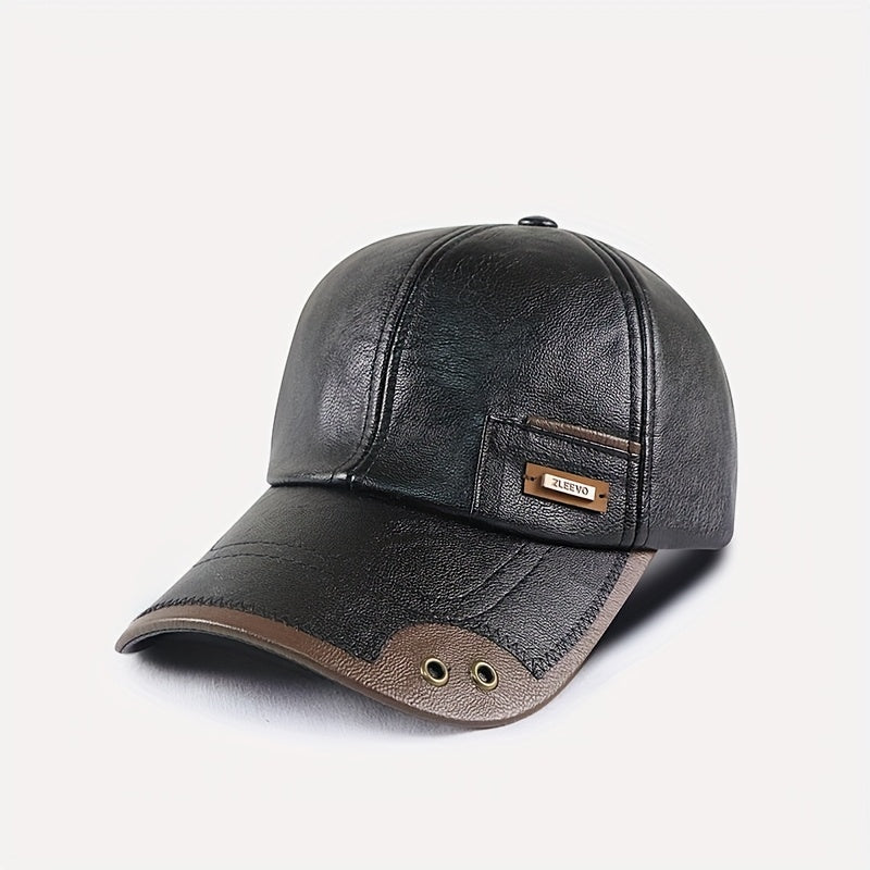 1pz Cappello da baseball casual in similpelle da uomo, cappello invernale alla moda regolabile con fodera in pile per persone di mezza età e anziani