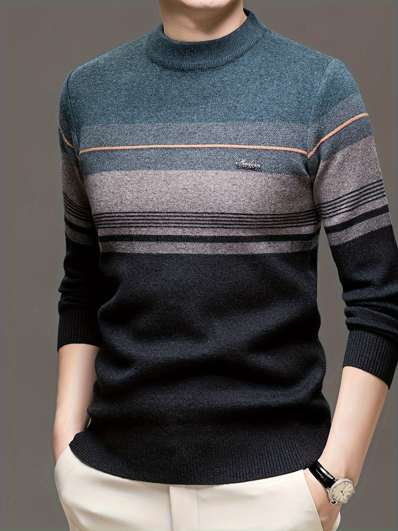 Maglione a maniche lunghe da uomo in maglia - Morbido pullover elasticizzato con strisce marroni/orizzontali, maglione invernale a girocollo per outfit di tutti i giorni e formali, regalo ideale per la festa del papà, marito, fidanzato - Abbigliamento aut