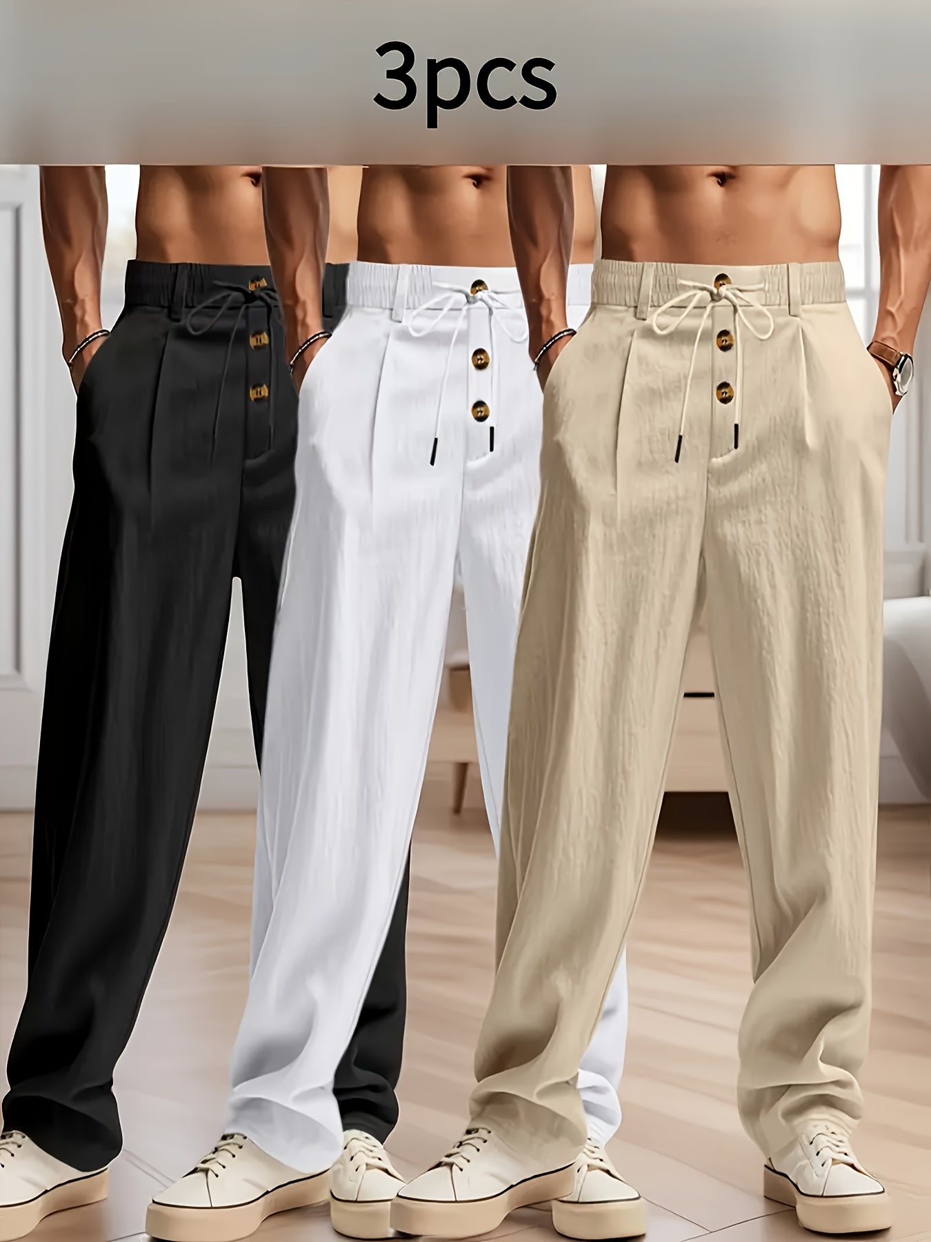3pcs Pantaloni Casual in Lino Leggeri da Uomo - Vestibilità Rilassata Traspirante con Vita Elastica e Chiusura a Bottone, Tessuto Non Elasticizzato per Abbigliamento da Spiaggia Esterno, Comfort Tutte le Stagioni (Beige/Verde/Azzurro), Pantaloni da Spiagg