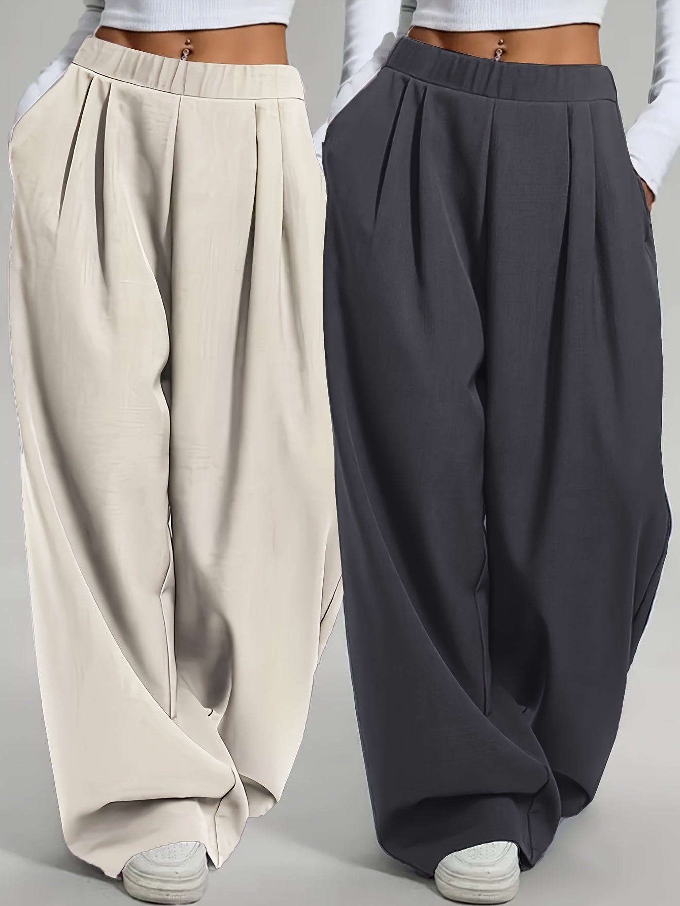 2 pezzi Pantaloni da donna eleganti a gamba larga tinta unita - Pantaloni ampi per tutte le stagioni con tasche, tinta unita e blu navy, abbigliamento casual e formale per tutte le stagioni