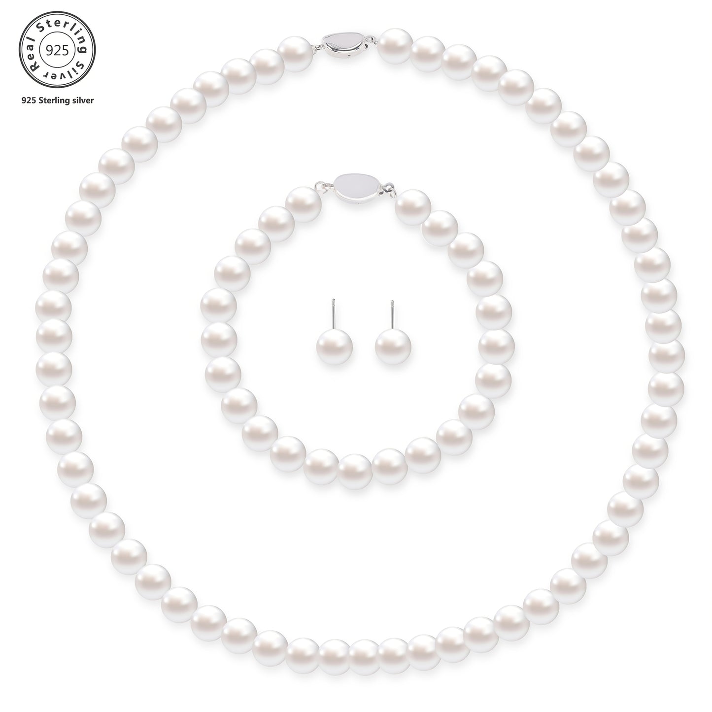 Set di gioielli da donna in argento 925, composto da perle d'acqua dolce, collana, orecchini e bracciale. Elegante e lussuoso, adatto a varie occasioni come regali, feste serali, accompagnato da una bella scatola regalo.