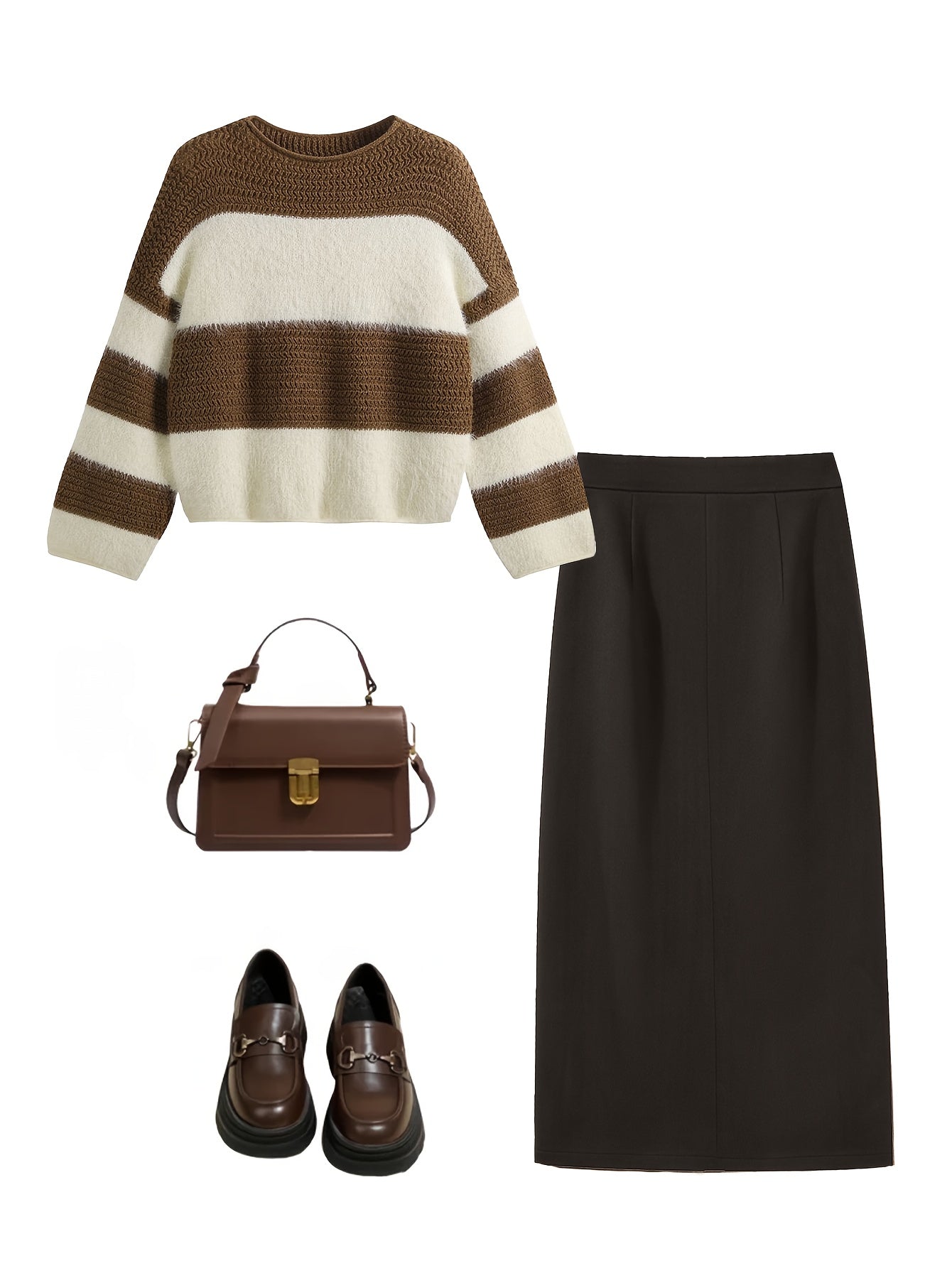 Set di maglione a righe e gonna nera per donna - Abbigliamento accogliente per autunno/inverno, dettaglio con cerniera, look casual chic, abbigliamento casual chic|Modello a righe|Chiusura con cerniera, set di maglione