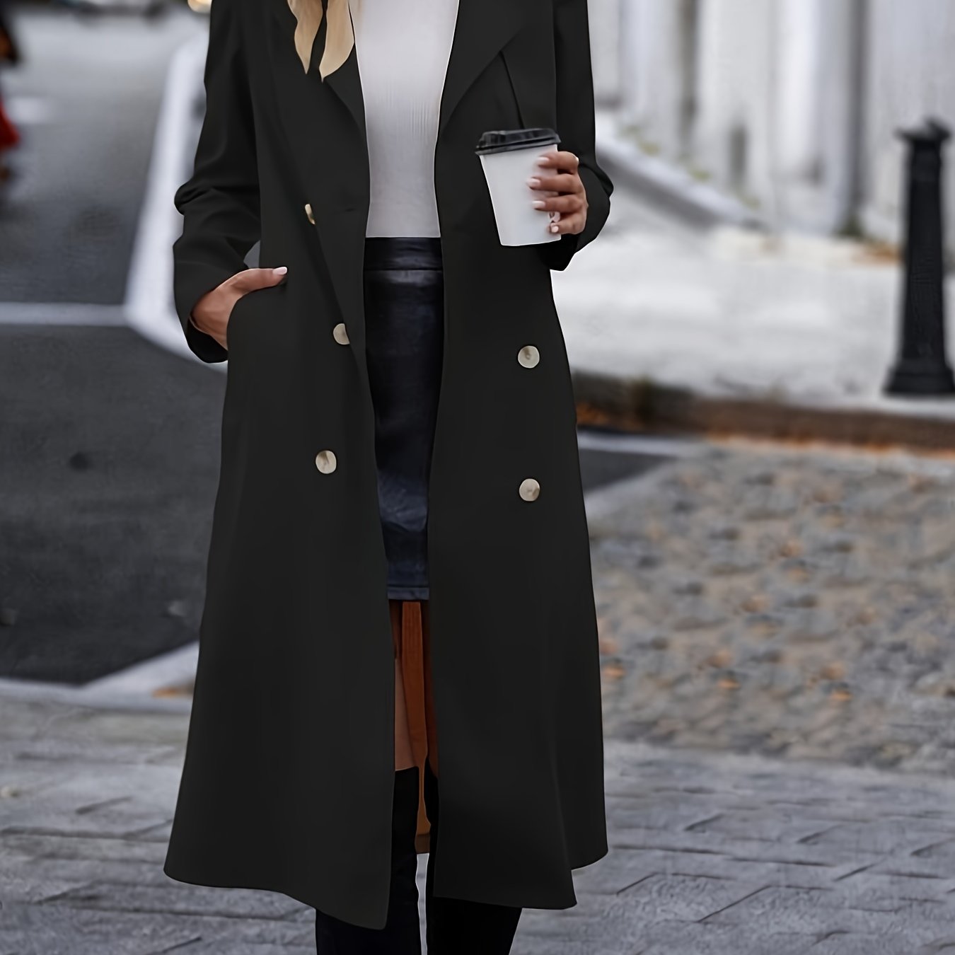 Double Button Long Sleeve Belted Trench Coat, Stylish Solid Color Lapel Collar Pocket Trench Coat For Fall, Women's Clothing