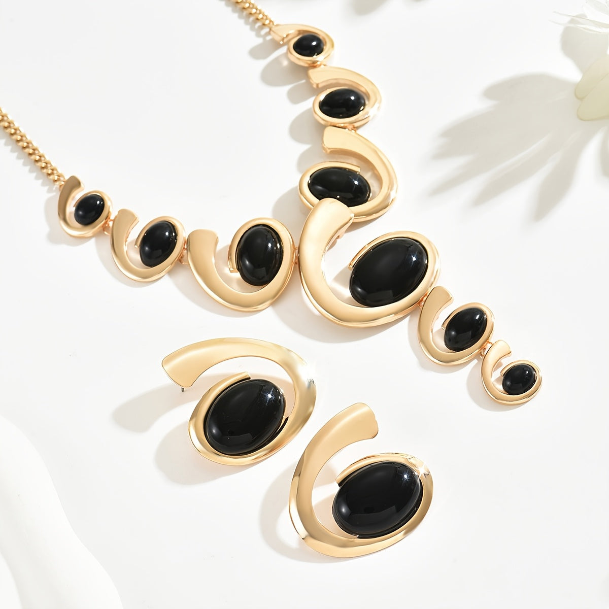 1 Set Boho Classic 2 pezzi Set di gioielli da donna, forma a spirale con intarsi di strass neri, collana a Y e orecchini, lega, versatile per l'uso quotidiano e per le feste
