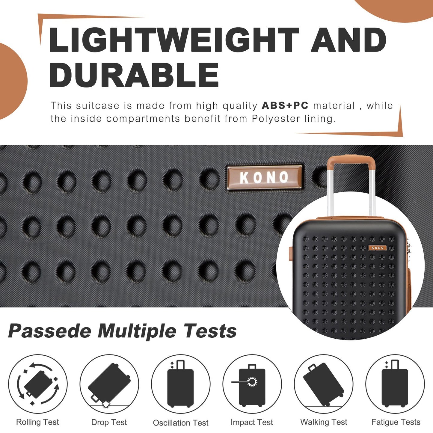 Set di 4 Valigie da 14/20/24/28 pollici Kono Elegante in ABS+PC a Pois con Guscio Rigido e Serratura TSA, Set di 4 Pezzi con Valigetta da Toilette, Bagagli da Viaggio Durevoli con Serratura TSA e Ruote Silenziose