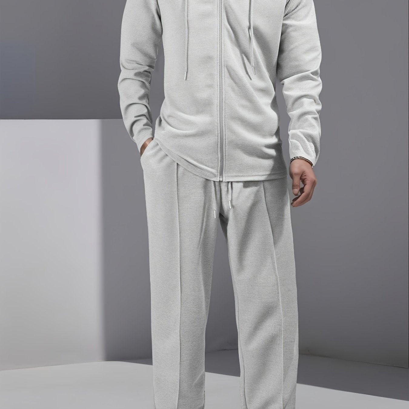 Set di 2 pezzi per uomo con cardigan con cappuccio e zip e pantaloni con coulisse - Pullover casual a maniche lunghe con tasche frontali, colore solido, outfit comodo per la primavera/autunno, abbigliamento per la primavera/autunno | Pullover con cappucci