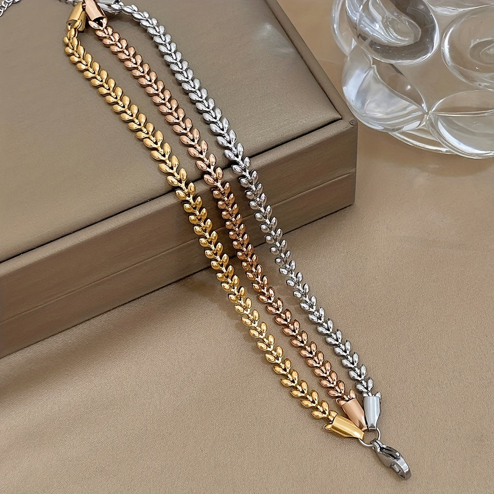 Women's Stainless Steel Wheat Design Golden-Tone Multi-Layer Chain Bracelet - Adjustable Lobster Clasp Statement Jewelry for Parties, Casual Attire & Special Occasions, Fashion Accessory, Elegant Style, Stylish Craftsmanship, Accessory Enthusiasts