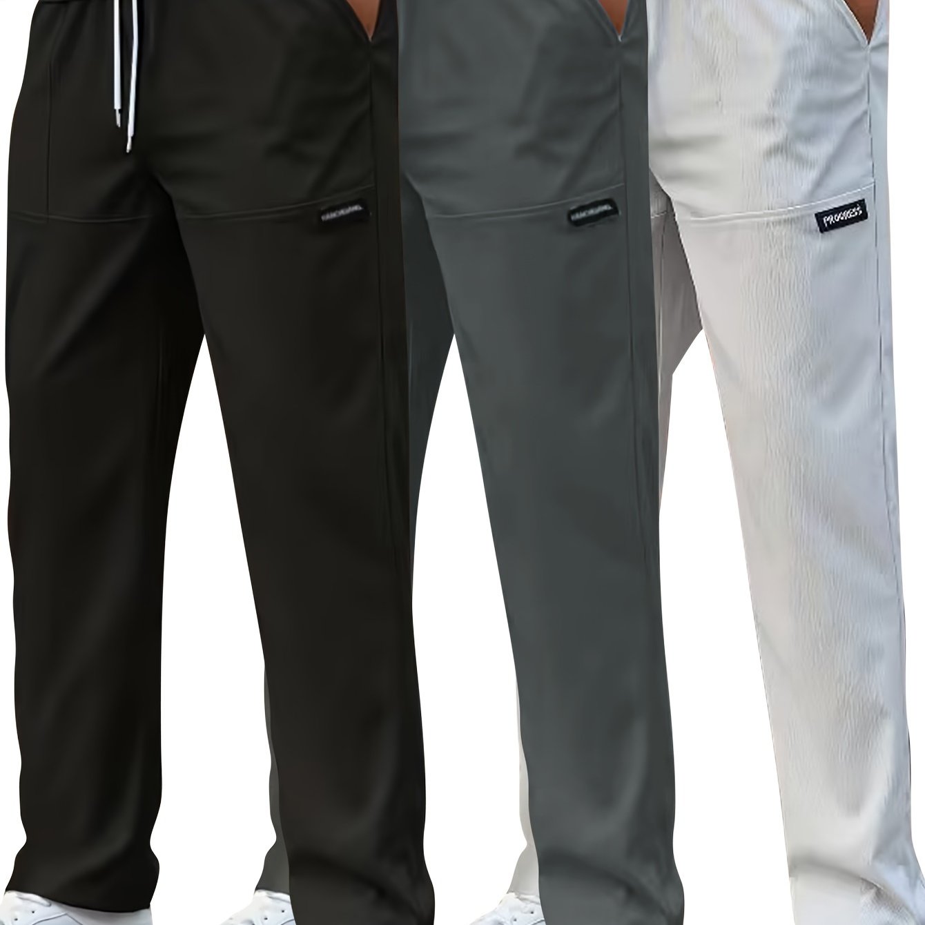 Set di 3 Pantaloni Casual da Uomo Leggeri - Gamba Dritta, Vita con Coulisse, Colore Unito (Nero, Grigio, Bianco), Abbigliamento da Lavoro Primavera/Estate, Lavabili in Lavatrice