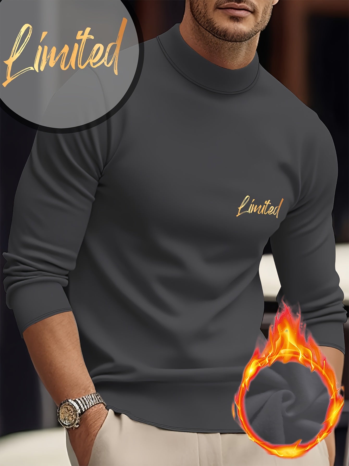 Maglietta termica a maniche lunghe e girocollo per uomo - Stampa geometrica, elastica e calda, design sportivo casual per l'autunno/inverno, bianca con lettere dorate, perfetta per sovrapporre o come outfit standalone, abbigliamento invernale | Maniche lu