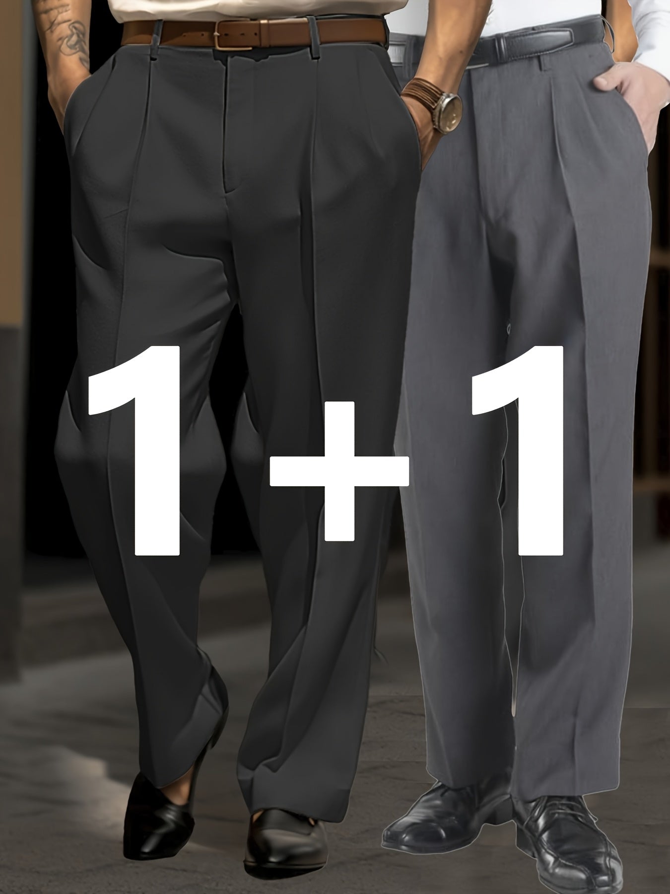 1+1 Set di 2 Pezzi Pantaloni Chino Casual Uomo Loose-Fit per Business