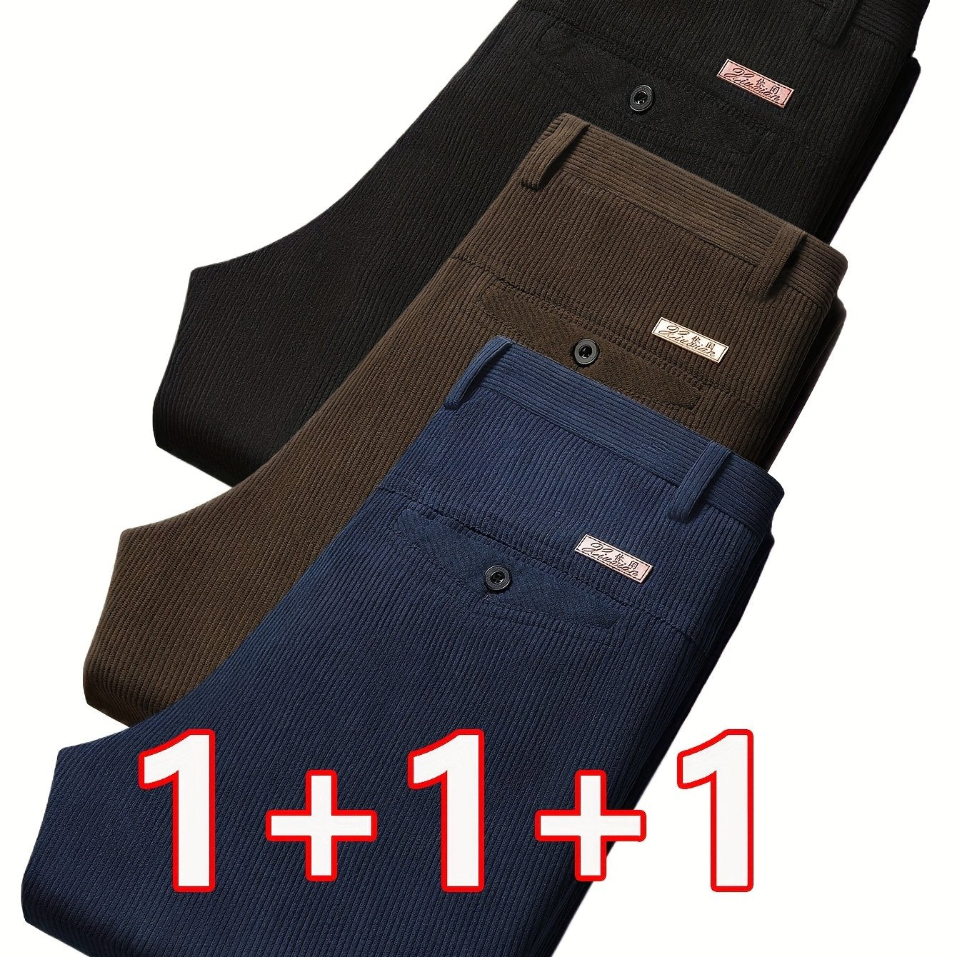 3 pezzi Pantaloni Eleganti da Uomo in Velluto a Coste - Casual Business Leggero, Semi-Formale, Tinta Unita, Vestibilità Regolare, Comfort per Tutte le Stagioni, Marrone, Blu Navy, Perfetti per Ufficio o Abbigliamento Casual, Abbigliamento da Ufficio|Aspet