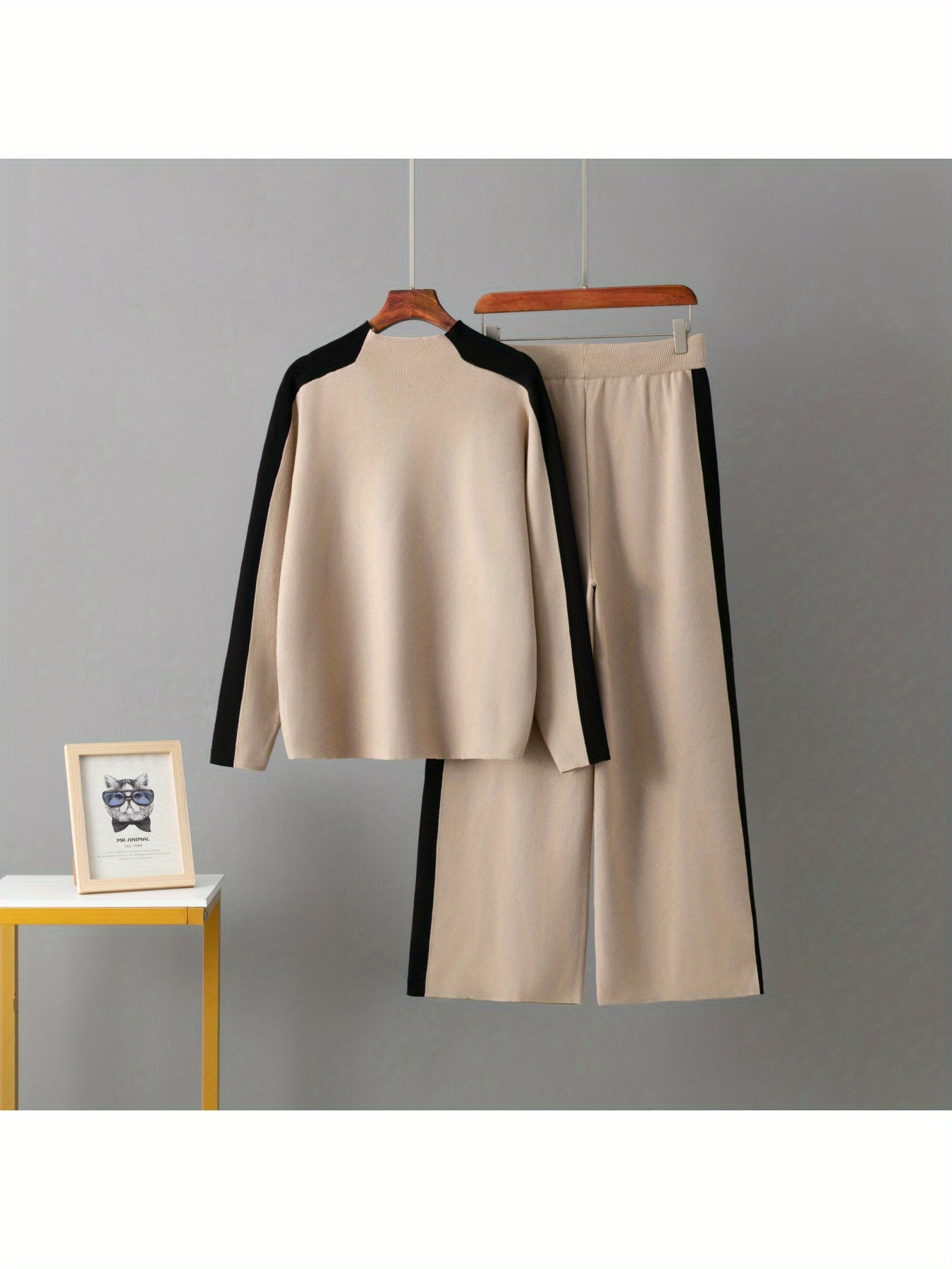 Set casual da donna 2025 - Maglione a mezza gola beige con bordo nero e pantaloni a gamba larga, elegante maglieria per la primavera e l'autunno, abbigliamento casual|Stile casual|Costruzione, Maglieria da donna, Abito formale per donna, Abito casual e el