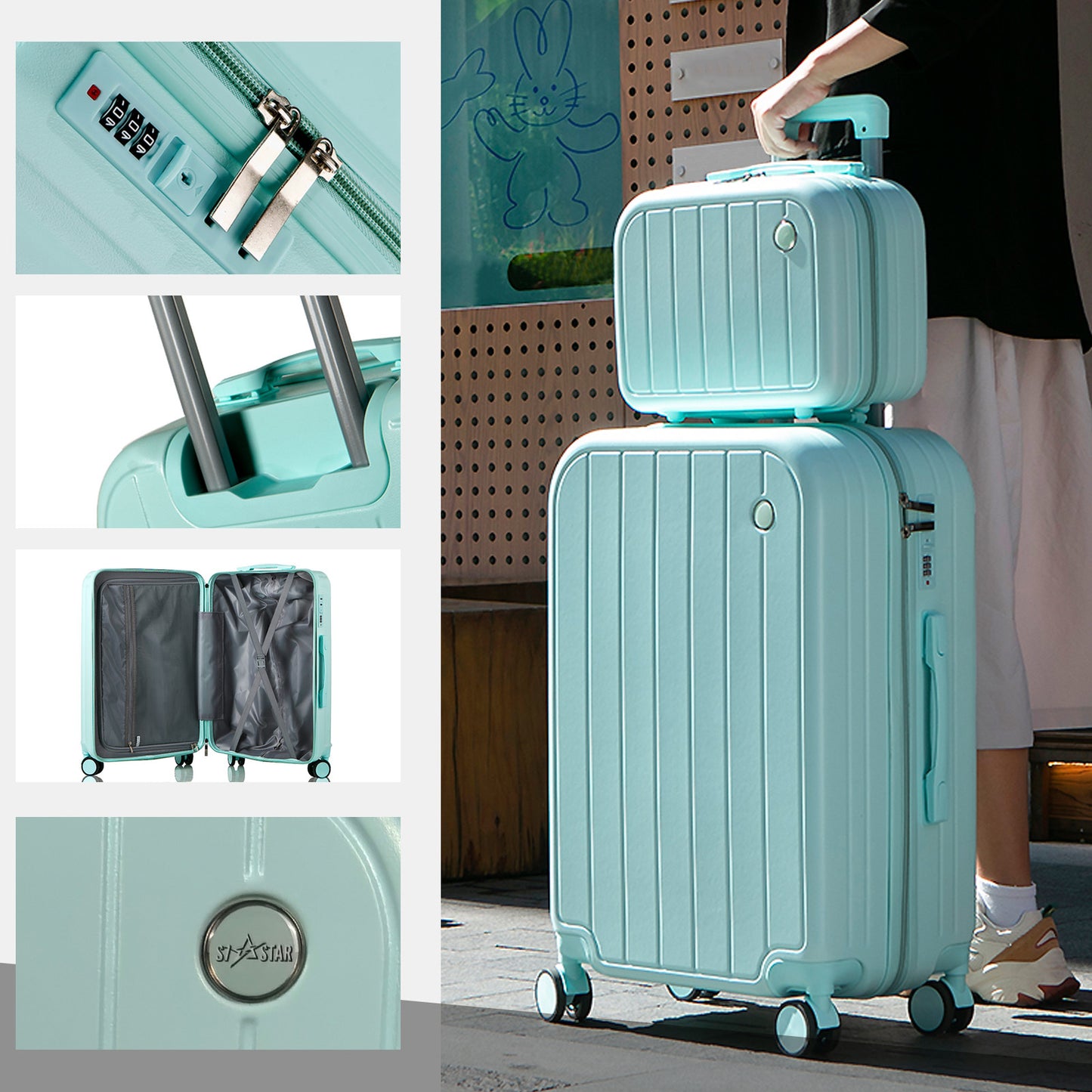 Valigia da Viaggio pz: Set di 3 Pezzi con Ruote Girevoli, Valigie Eleganti in Verde Pratico per Viaggi, Include Valigie Premium da 14/20/28 Pollici