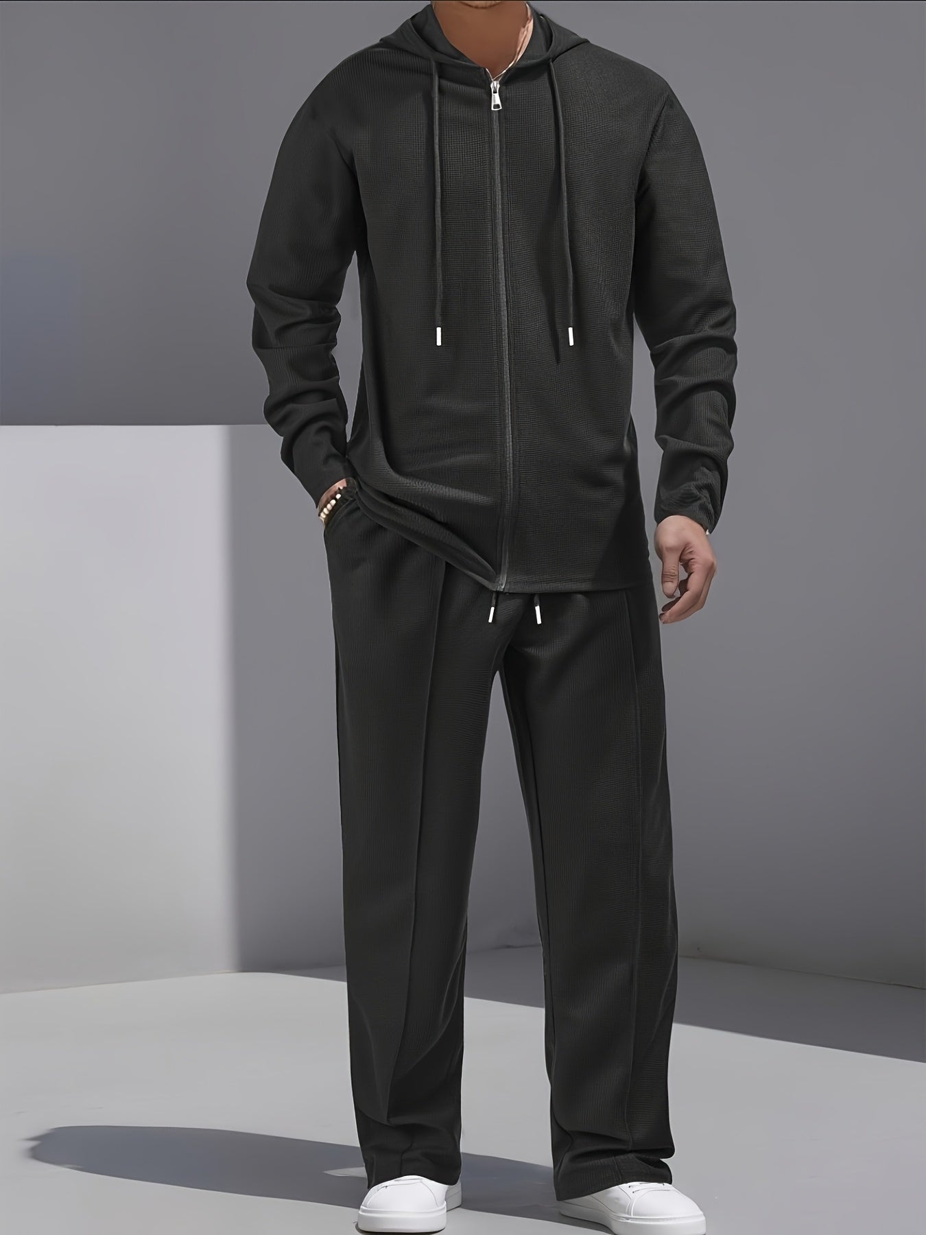 Set di 2 pezzi per uomo con cardigan con cappuccio e zip e pantaloni con coulisse - Pullover casual a maniche lunghe con tasche frontali, colore solido, outfit comodo per la primavera/autunno, abbigliamento per la primavera/autunno | Pullover con cappucci