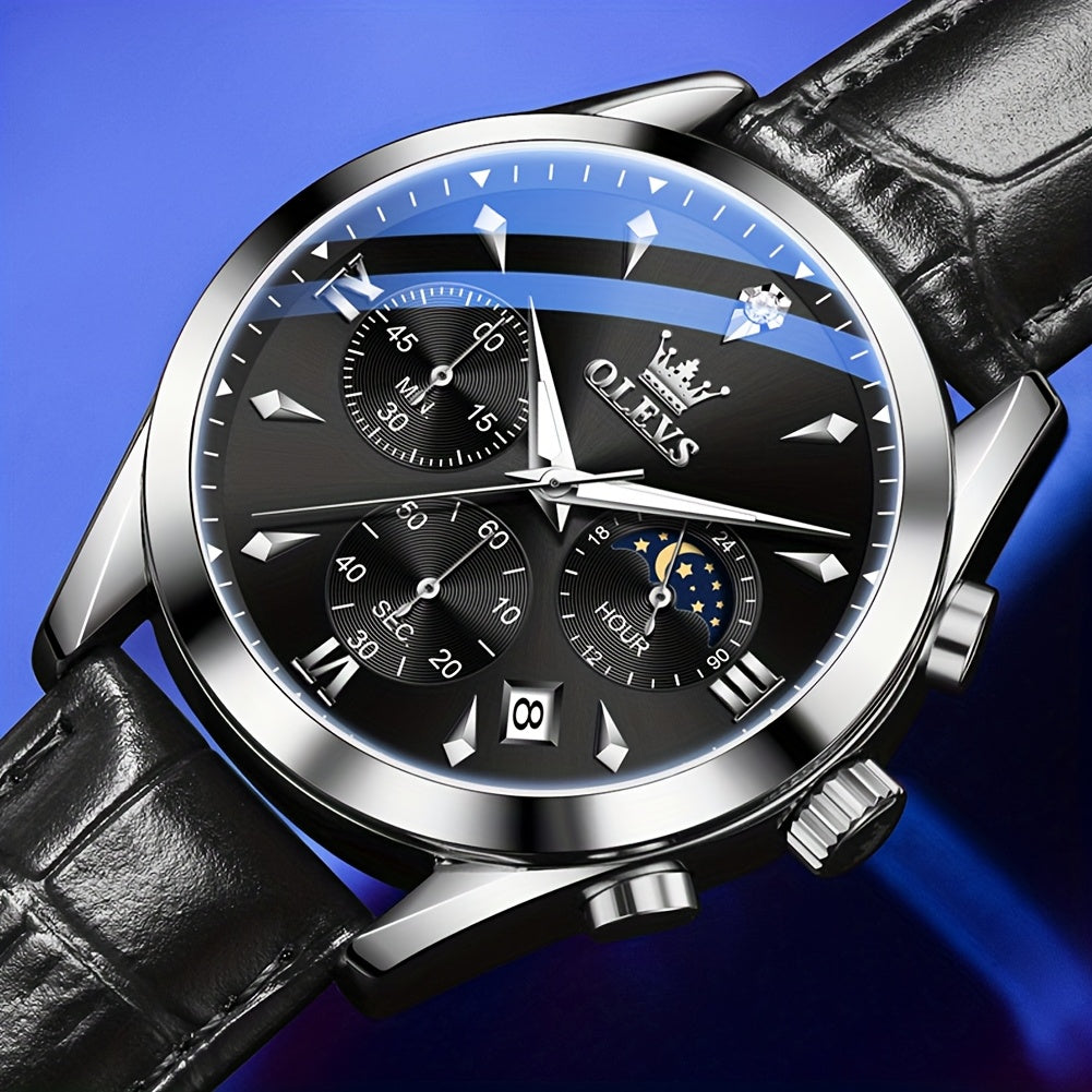 Orologio OLEVS per Uomo Classico Cronografo Pelle Marrone Cassetta Dorata Analogo Quarzo Moda Affari Abito Grande Viso Orologio da Uomo Giorno Data Luminoso Casual Maschio Orologio da Polso Regali Romantici Relojes De Hombre Blu/Nero/Bianco/Marrone Dial