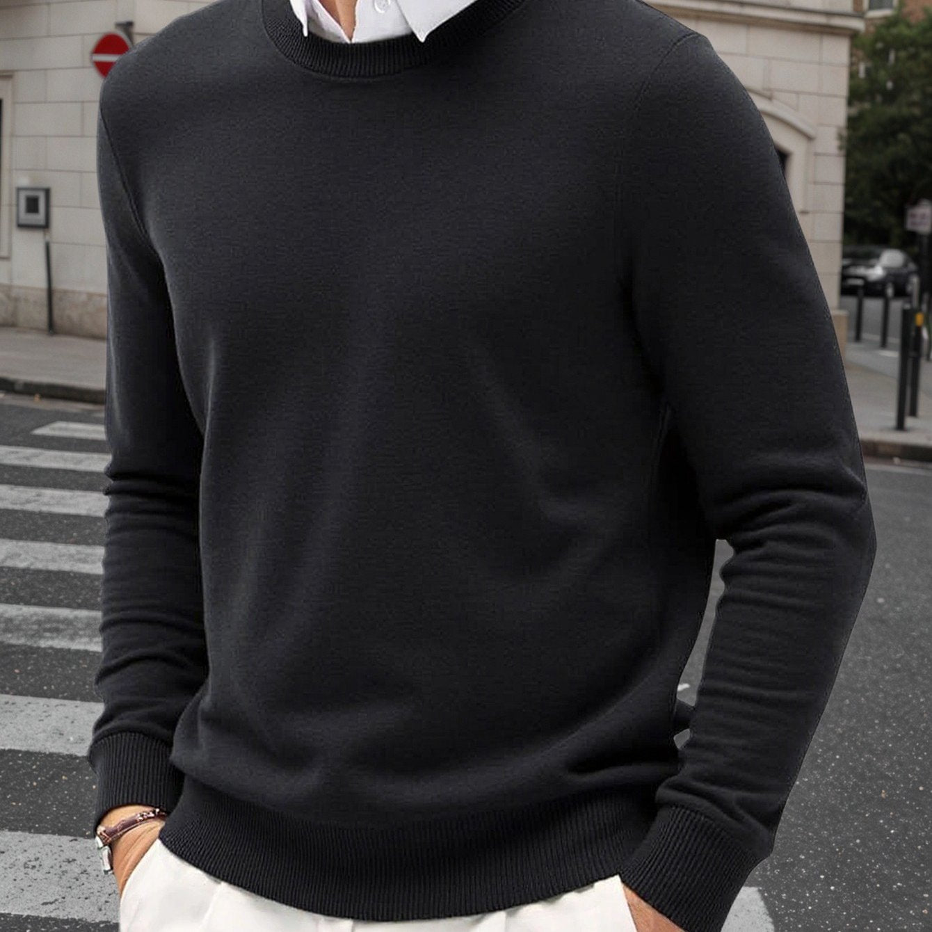 Maglione a maglia stretch slim fit per uomo - Pullover caldo slim fit per autunno e inverno, maglieria casual a collo tondo con coste, colore solido, 440 g/m², perfetto per il Ringraziamento