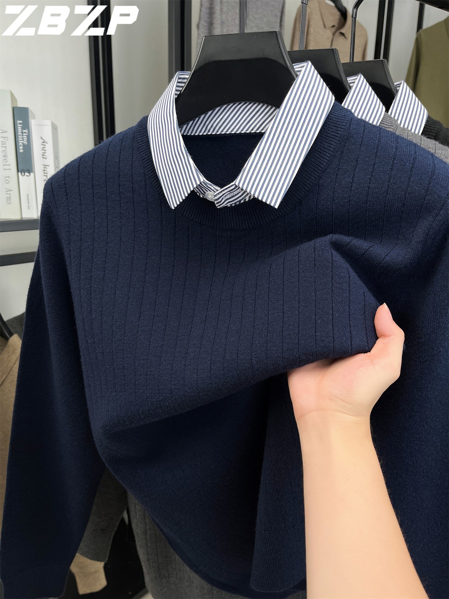 ZBZP Autunno e Inverno Maglione Spesso a Due Pezzi per Uomo con Colletto Camicia, Realizzato in 500 Grammi di Misto Velluto, Un Maglione a Maglia per Abbigliamento Maschile.